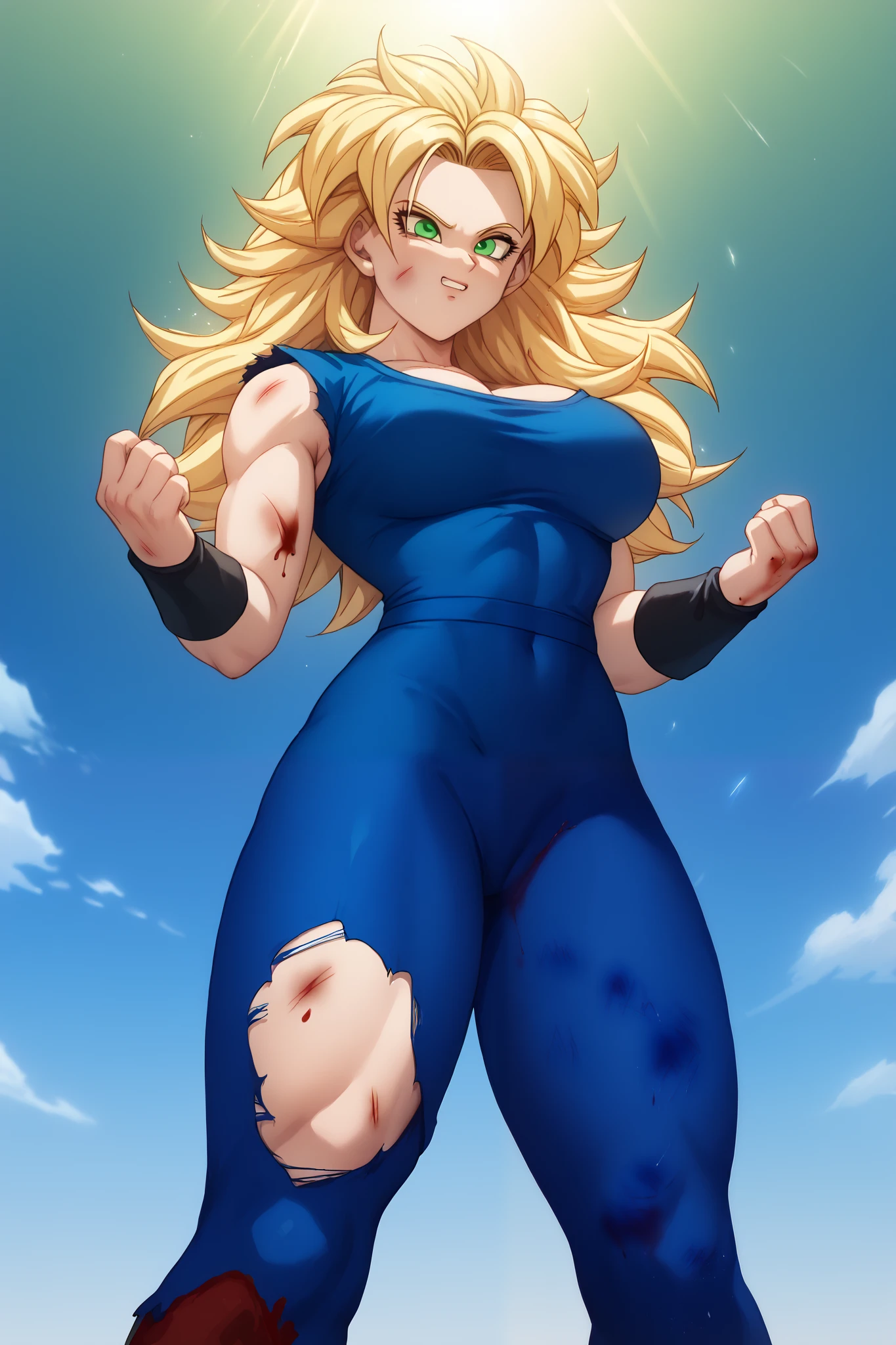 Woman, white skin, Blonde hair, Long hair, bangs, green eyes,, wearing black wristbands, blue leotard,blue pants, Dragon Ball style,Super Saiyan,Emanating a golden aura with rays,curvy body,Torn clothes,Bruised, blood all over the body,Torn on the leg