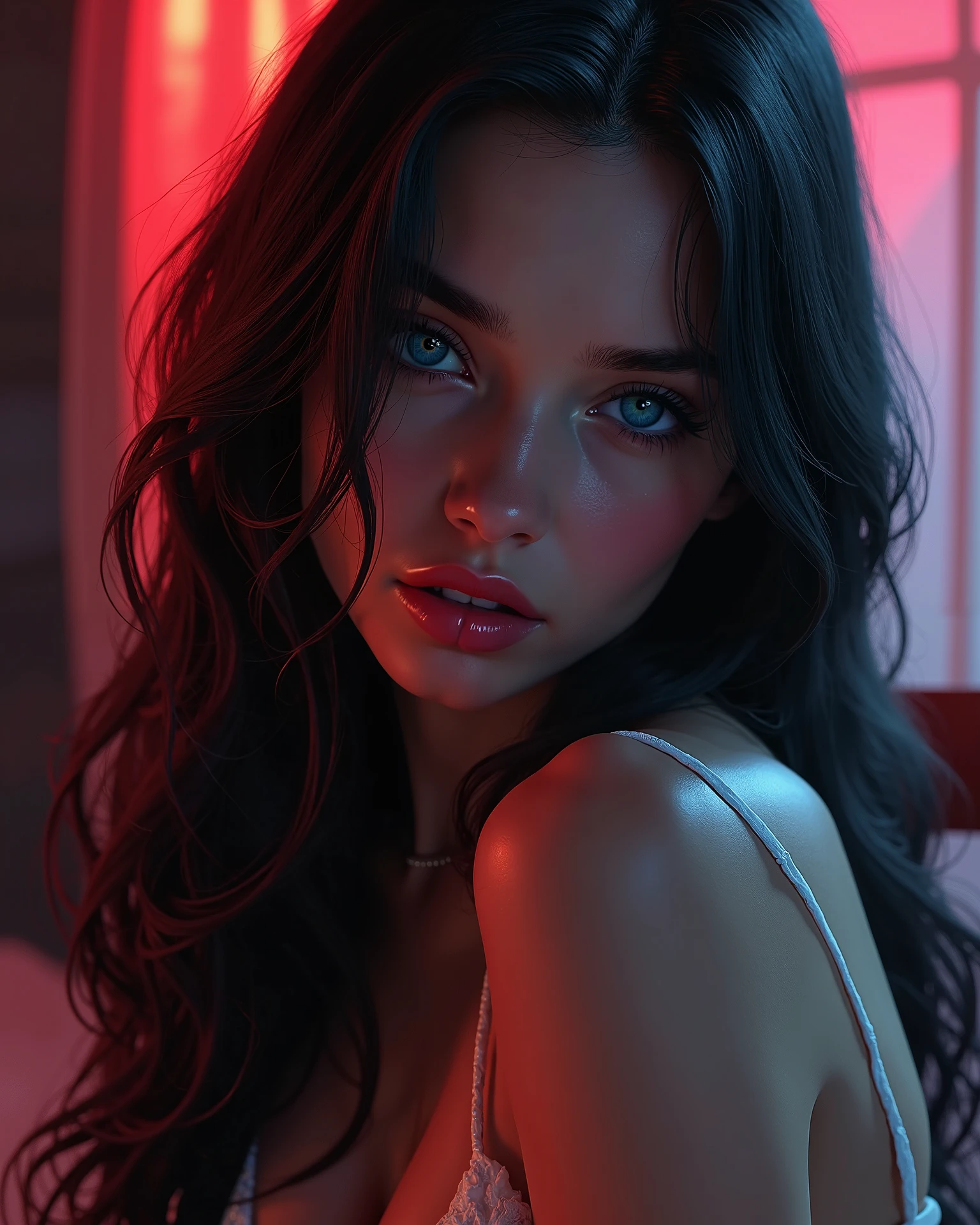 Image of an extremely beautiful woman with very blue eyes, long jet black hair, full lips, small nose, very beautiful, In a VIP bar, phosphorescent lights in the background, dressed in a black top with a sweetheart neckline, very beautiful