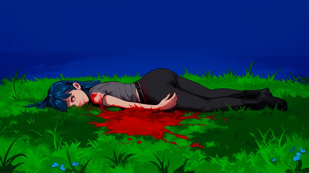 Anime scene, 1girl, highschool girl lying dead on the floor, blood on the floor, closed eye