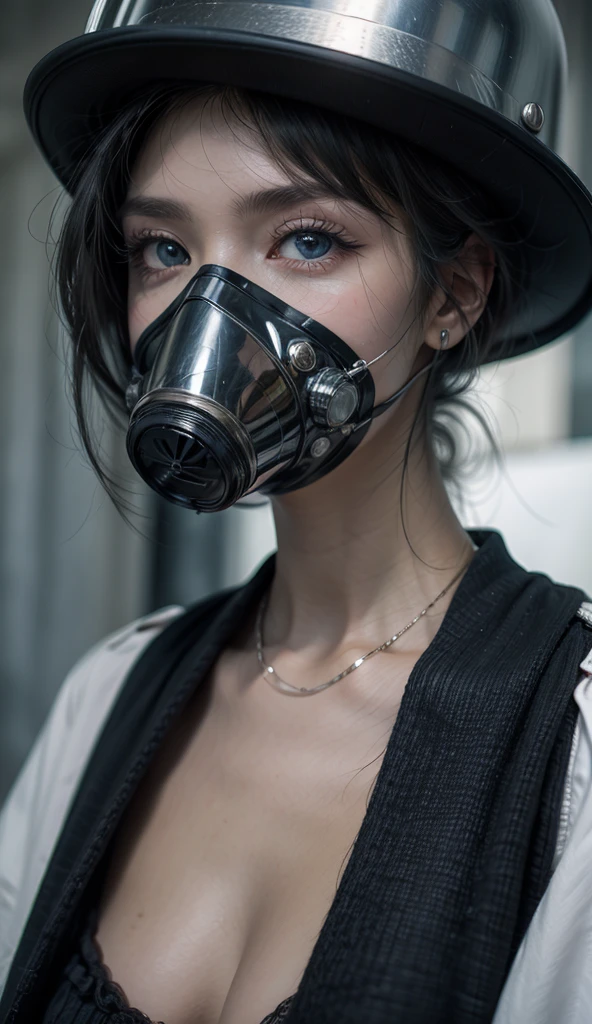 High quality full body photo of a beautiful and gorgeous 10 year old girl with long wavy brown hair wearing a black sheer tight-fitting rubber suit is wearing a nose and mouth covering type oxygen mask with a hose attached. She is not underwater.
