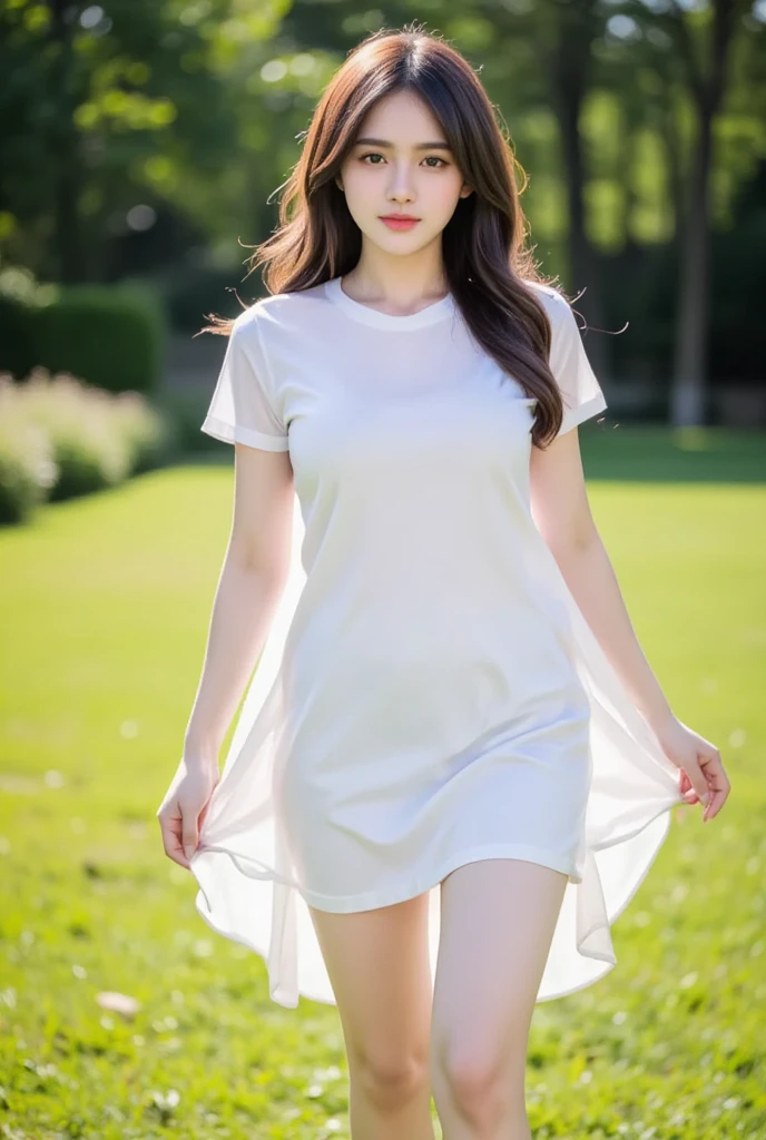(((masterpiece))), (((Highest quality: 1.4))), ((Super detailed: 1.4)) ,ulzzang-6500-v1.1, (RAW Photos:1.2), (Realistic), (See-through:1.3), (Genuine:1.4), (Full Body Shot:1.4), Photo of beautiful girl in sexy white lingerie, Wearing a translucent robe、in the forest, Long Ponytail, The body is slim, View from behind, Full Body Shot, Looking into the camera, Cute Smile, Shallow depth of field