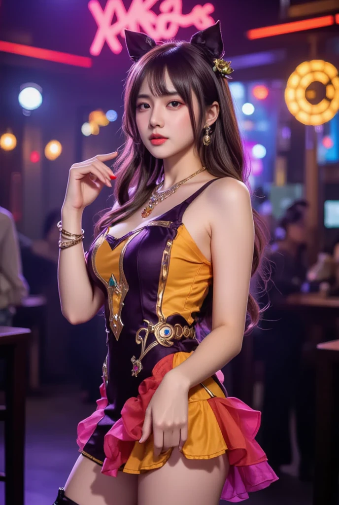 Korean casino girl, Korean appearance 27 years old, with beautiful lush red hair, smile, curvaceous figure and beautiful breasts, neckline, looking at the camera, holding cards in his right hand, wearing a yellow short top and a yellow skirt. full length