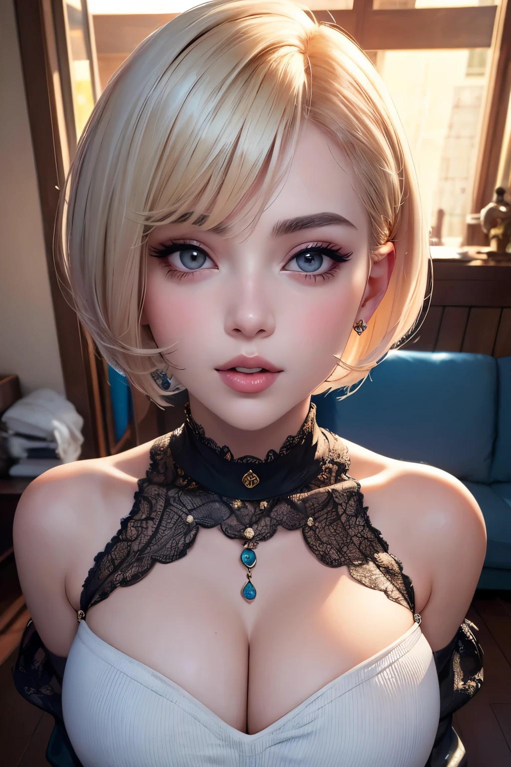 Marie Rose、blonde hair、(close-up:1.4)、(raw photo:1.2)、(Photorealistic:1.4)、(masterpiece:1.3)、(top quality:1.4)、one girl、(A slender and beautiful girl)、(FULL BODYSTOT)、solo、cute little、(Black nightgown)、look through、without a bra、Beautiful collarbone、(large full breasts:1.3)、The beauty of the breasts、(neckline on the chest)、(erectile nipple)、(short bob:1.2)、Look at the audience、bright smile、draw up、obscenity、erotica、(short bob:1.2)、