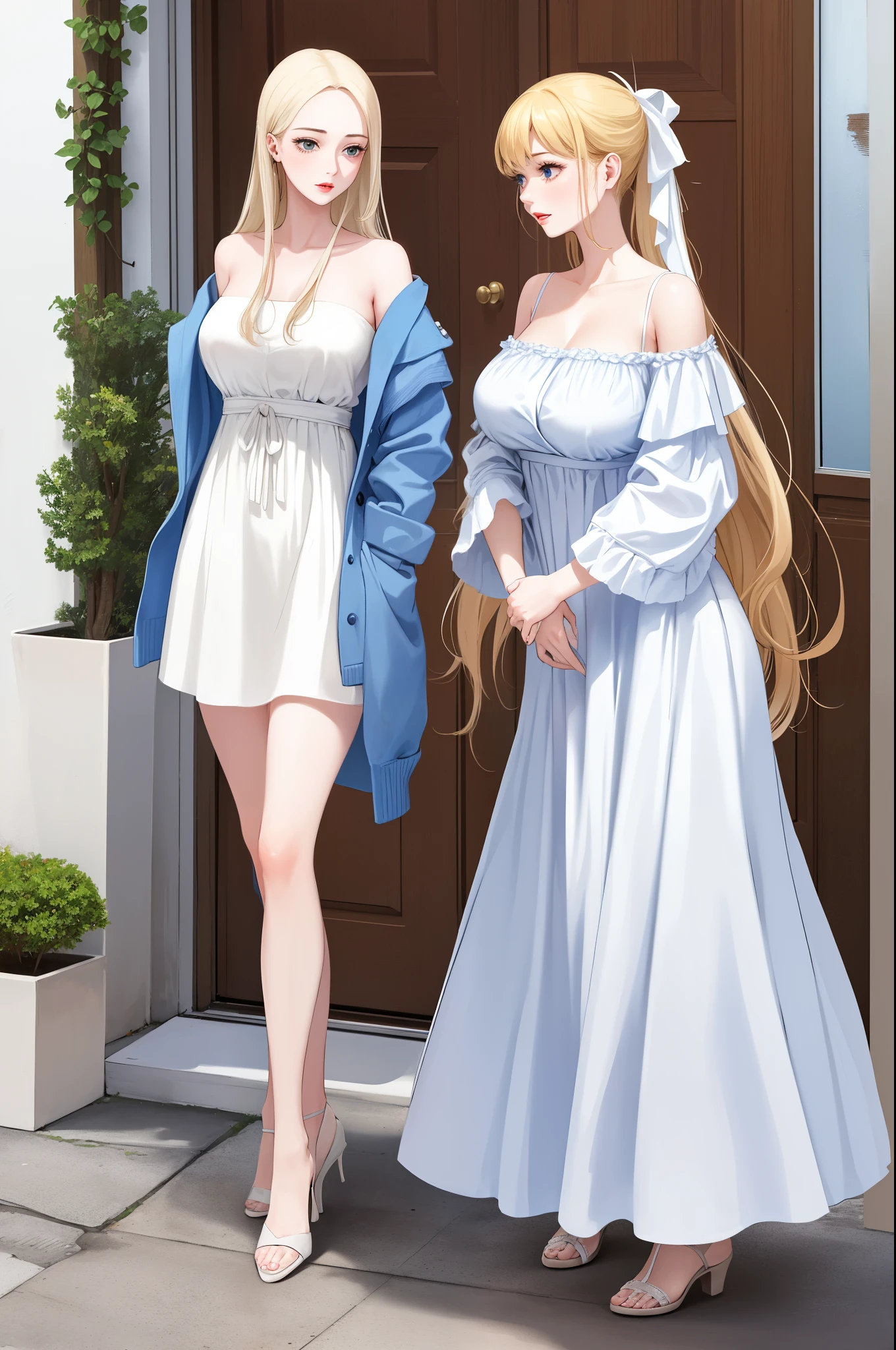 An extremely gorgeous beautiful cute feminine woman with long straight blonde hair tied with a white ribbon, extremely fair white skin, big blue eyes, plump red lips, a plain smile, and a plain thin slim normal body. She's wearing a long floor-length sky blue modest floral dress and a cardigan worn in an off-shoulder style, heels, standing straight, garden background, and full body.