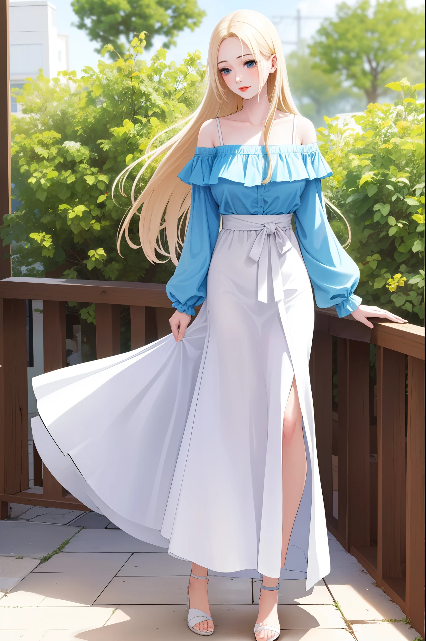 An extremely gorgeous beautiful cute feminine woman with long straight blonde hair tied with a white ribbon, extremely fair white skin, big blue eyes, plump red lips, a plain smile, and a plain thin slim normal body. She's wearing a long floor-length sky blue modest floral dress and a cardigan worn in an off-shoulder style, heels, standing straight, garden background, and full body.