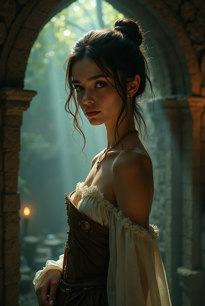 a beautiful cinematic sexy female saiyan,The Lemp Mansion USA,style by David Inshaw,Warm lighting,High quality lots of details Magic Realism,Canon RF,Sun Rays