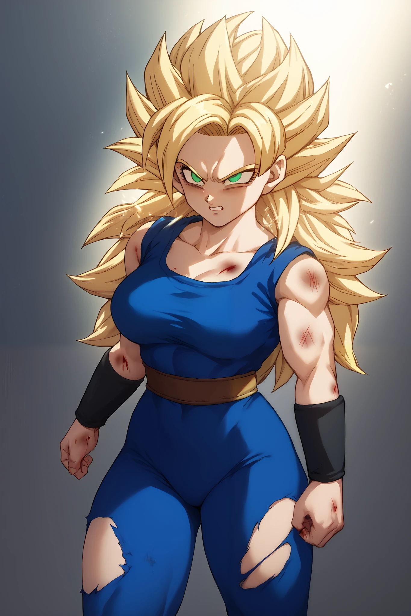 Woman, white skin, Blonde hair, Long hair, bangs, green eyes,, wearing black wristbands, blue leotard,blue pants, Dragon Ball style,Super Saiyan,Emanating a golden aura with rays,curvy body,Torn clothes,Bruised, blood all over the body,Torn on the leg