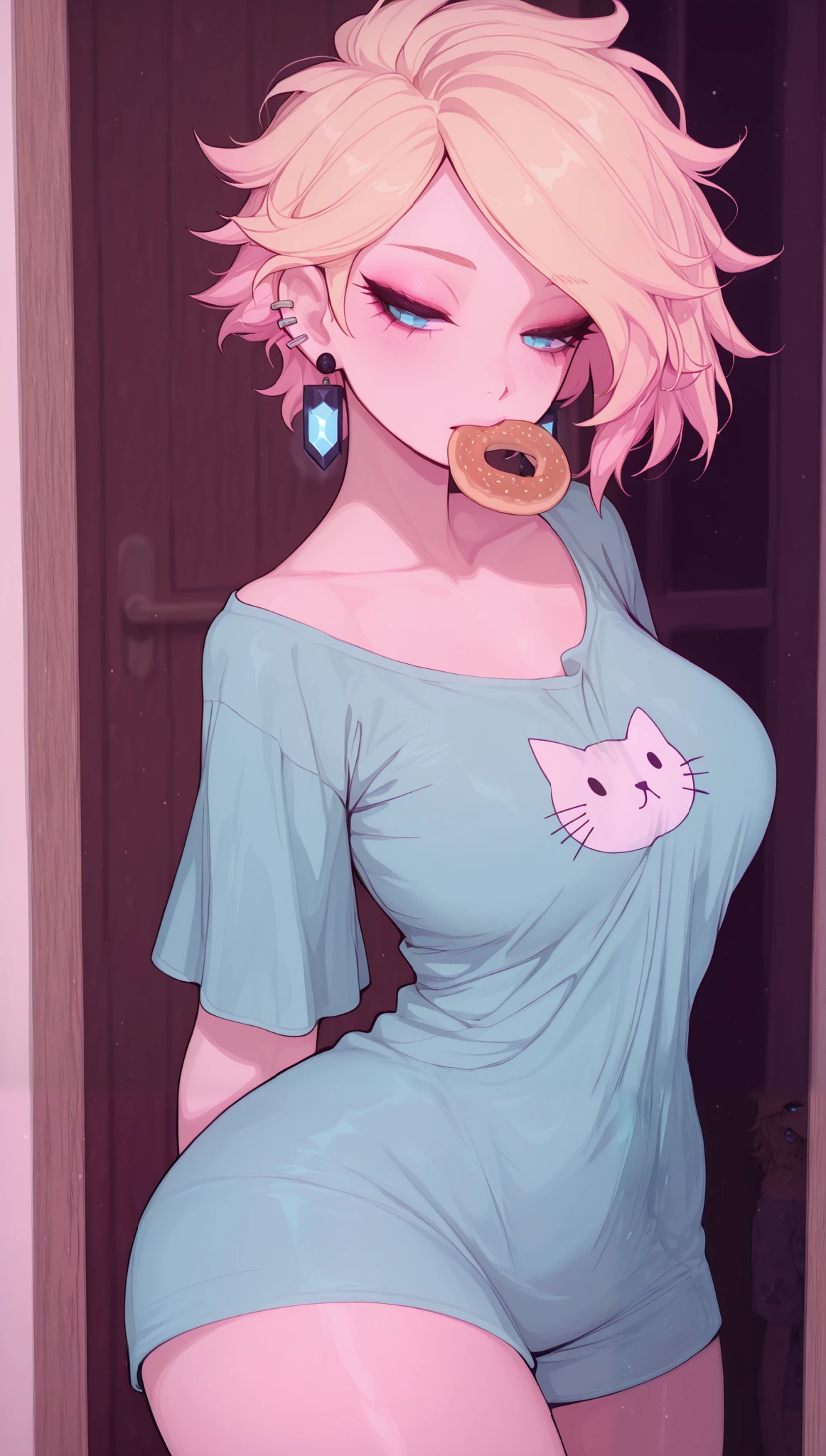 (masterpiece), (portrait), medium breasts (aesthetics), ((1 female 21 years old)), Highlight earrings), ((very short hair, piercing in the ear, punk girl style )), ((Hot blonde hair, messy hair, round biscuit in mouth, sleepy face)), straight hair, thin eyes open, blue eyes, cute, stretching, woman, looking far away, just woke up, beautiful, female features, top, high quality, aesthetic clothing, professional angle, (rule of thirds), (feminine), (beautiful) , (female ) features), solo, (Korean attractive), summer, (ink haze), (afternoon), (vibrant light), seductive posture, ((face looking forward))), loose shirt, dropped shoulders, short and wide sleeves, cat print ((Energy)), (no makeup), (medium Breasts), Fair Skin, (Clothes with Hip Hop Details, horny and slutty voluptuous woman), (a femboy girl, hot fit, voluptuous mature body, super curvy body), (Sleep Neckline), Beautiful Hands, Body beautiful, beautiful ears, beautiful eyes, bright eyes, beautiful mouth, beautiful lips, needy expression, bedroom, closet and bed, hot and thick thighs