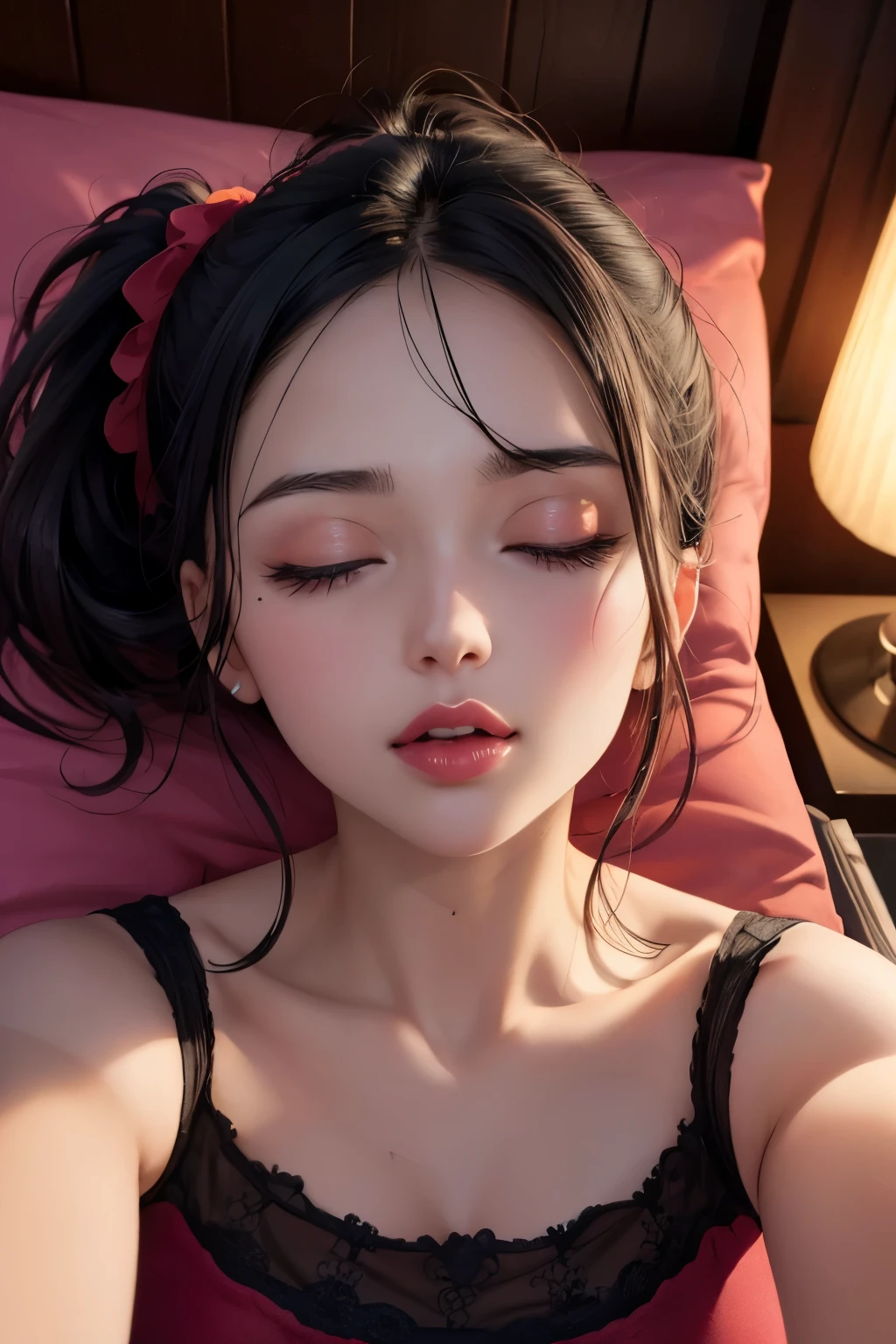 Amazing portrait of a woman who is 30 years old and an adult and a cute woman with her black hair in two medium ponytails having sexy eyes in an intense eye contact and a small nose with red lips having an orgasmic face showcasing her neck and collarbone in a loose dark pink t shirt emphasizing her bare shoulder as she's lying on bed with her head on pillow facing up in her bedroom which is a dark room with one lamp during night time with soft lighting showcasing her red lips and her beautiful face in detail and close up