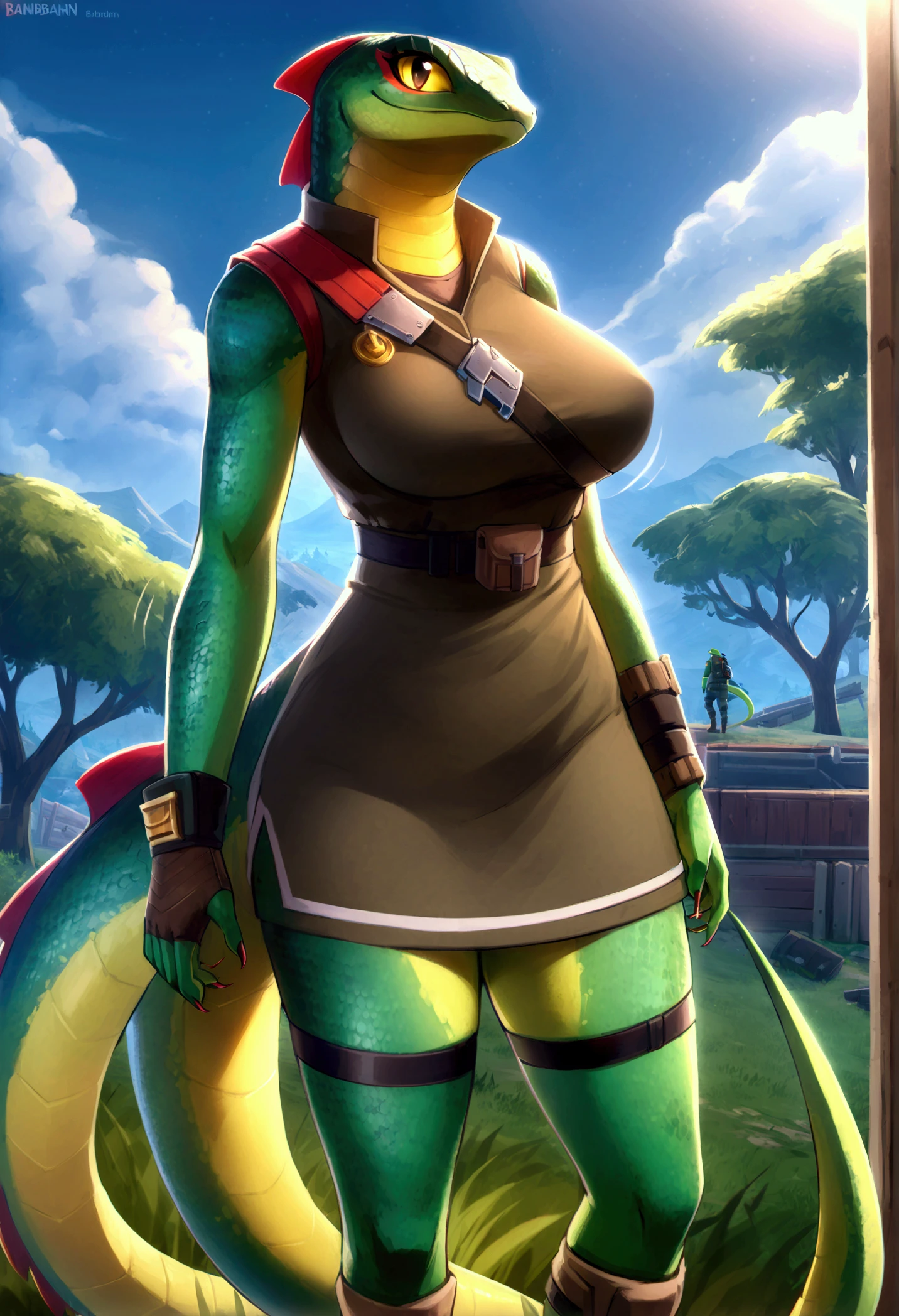 (top quality, best quality, High-quality illustrations, masterpiece, 16k, 1080p, uploaded on e621)(kemono, furry, anthro, alone), round, 1 female, hot mother figure, very detailed body face and eyes, lizard gecko, Lizzik, (Fortnite), green scales, big breasts, lizard tail, perfect gecko eyes, yellow eyes, beautiful traveler clothes, beautiful day, body movement, body twitching, shy smile, red blushing,