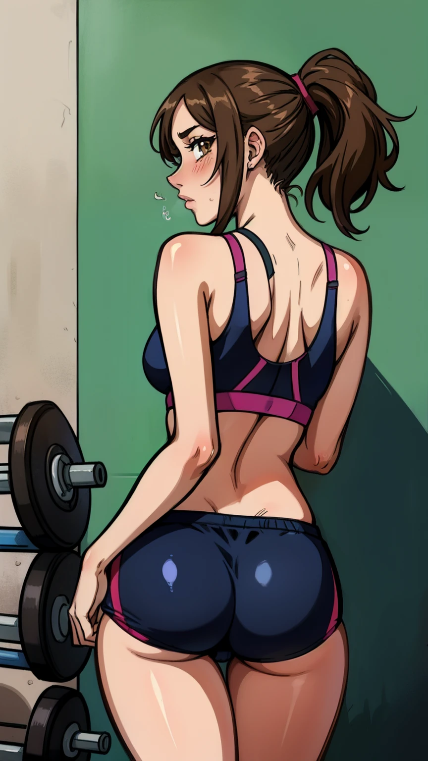 (best quality:1.2),(masterpiece,detailed,highres:1.4), 1girl, mature female, sweaty, yoga pants, (Topless:1.2), (Thick body:1.4), curvy, plump, looking away, gym, heavy breathing, squatting, weightlifting, view from back, (sweaty:1.5)
