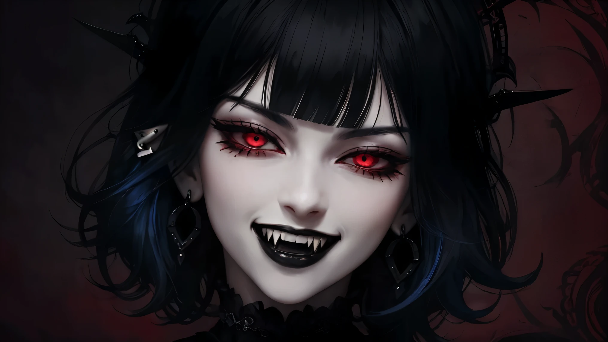 Close-up portrait of a vampire girl , blue hair, short hair, Yelan Genshin Impact , intricate dress, ((Gothic)) Aristogracy , red background , while smiling ,Gran crown,Ojos rojos,evil look,evil look.black earrings,black rings ,Evil laugh ,smile,Yamato,fangs, goth girl