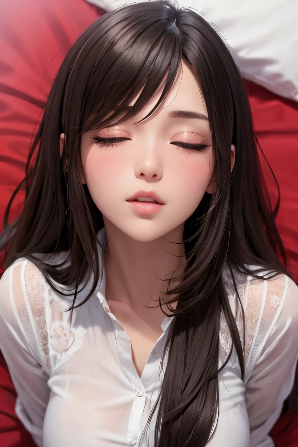 Sexy and cute woman, black brown hair, long hair, straight hair, weak eyes, blushing intensely, lips parted, ready to kiss, long oversized white shirt