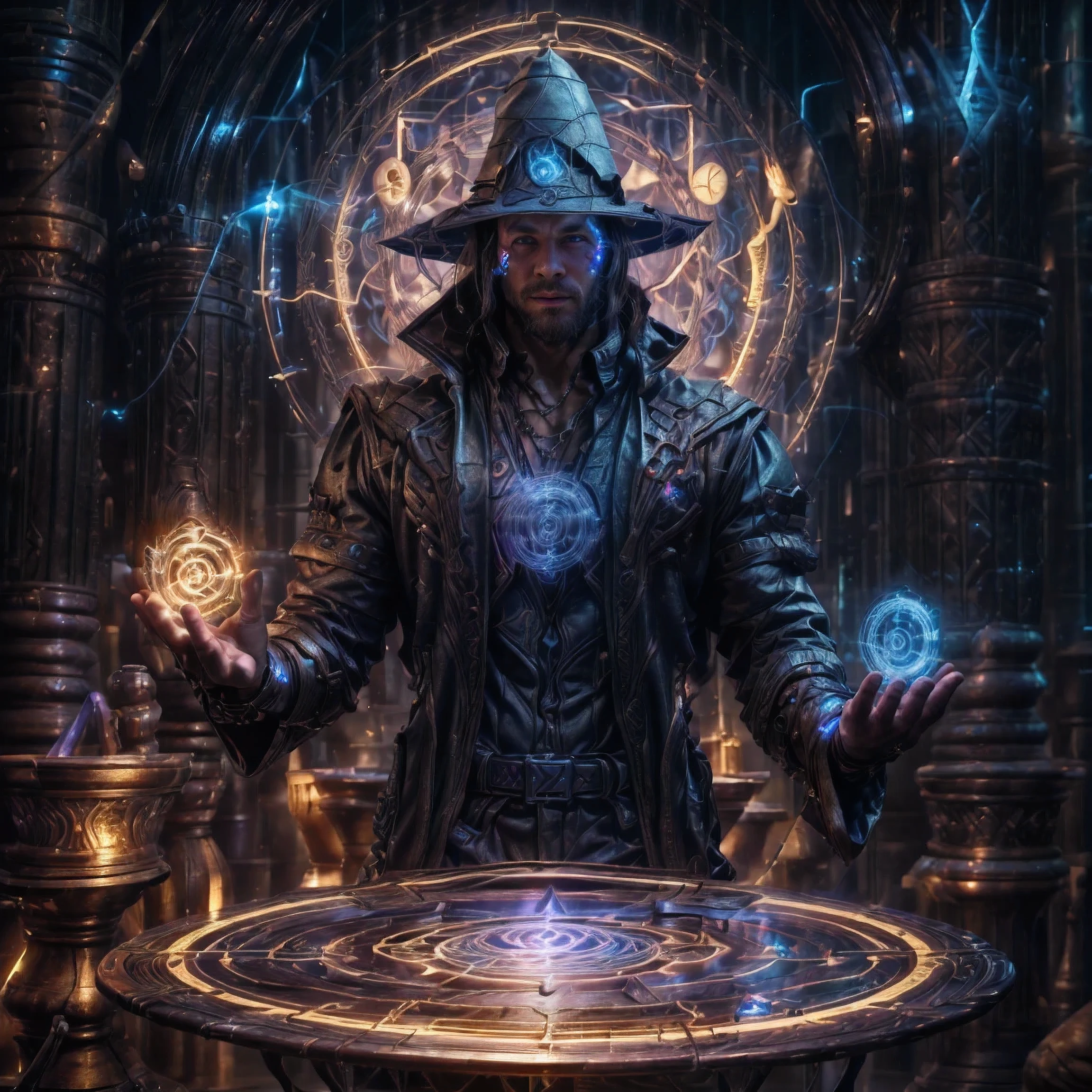 realistic, ((masterpiece)), ((best quality)), (detailed),cinematic ,tarot card border with intricate detailed frame around the outside  ,dynamic lighting, perfect anatomy ,soft shadow, detailed background, professional photography, depth of field, intricate, detailed face, subsurface scattering, realistic hair, realistic eyes, muscular ,manly, photo of a handsome man, ((anatomical hands)),((anatomical fingers)),cyberwizard wearing unbuttoned sleeveless jacket ((1.0)) show his fit muscled body (1.0), magic circle, casting spell ,science fiction, magic, dynamic pose, magic circle in background, dynamic angle, glowing, black hair, short black beard, glowing blue eyes, hologram, wizard hat opal ,wizard's castle,(no table),standing in a magic hologram circle,