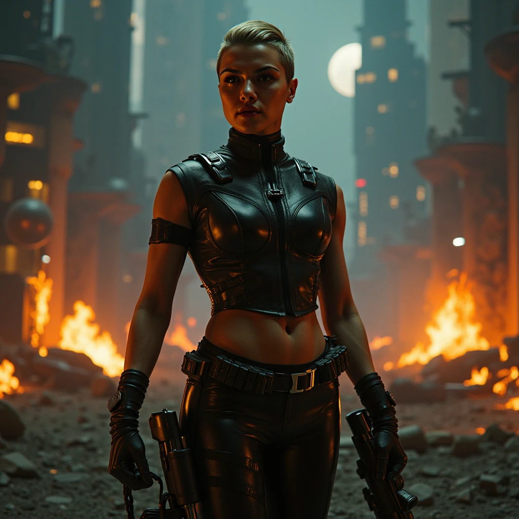 an attractive woman [gunslinger:bounty hunter:0.4] standing in a apocalyptic wilderness (gamestation style:1) <lora:djzGameStation_LB2:0.8>