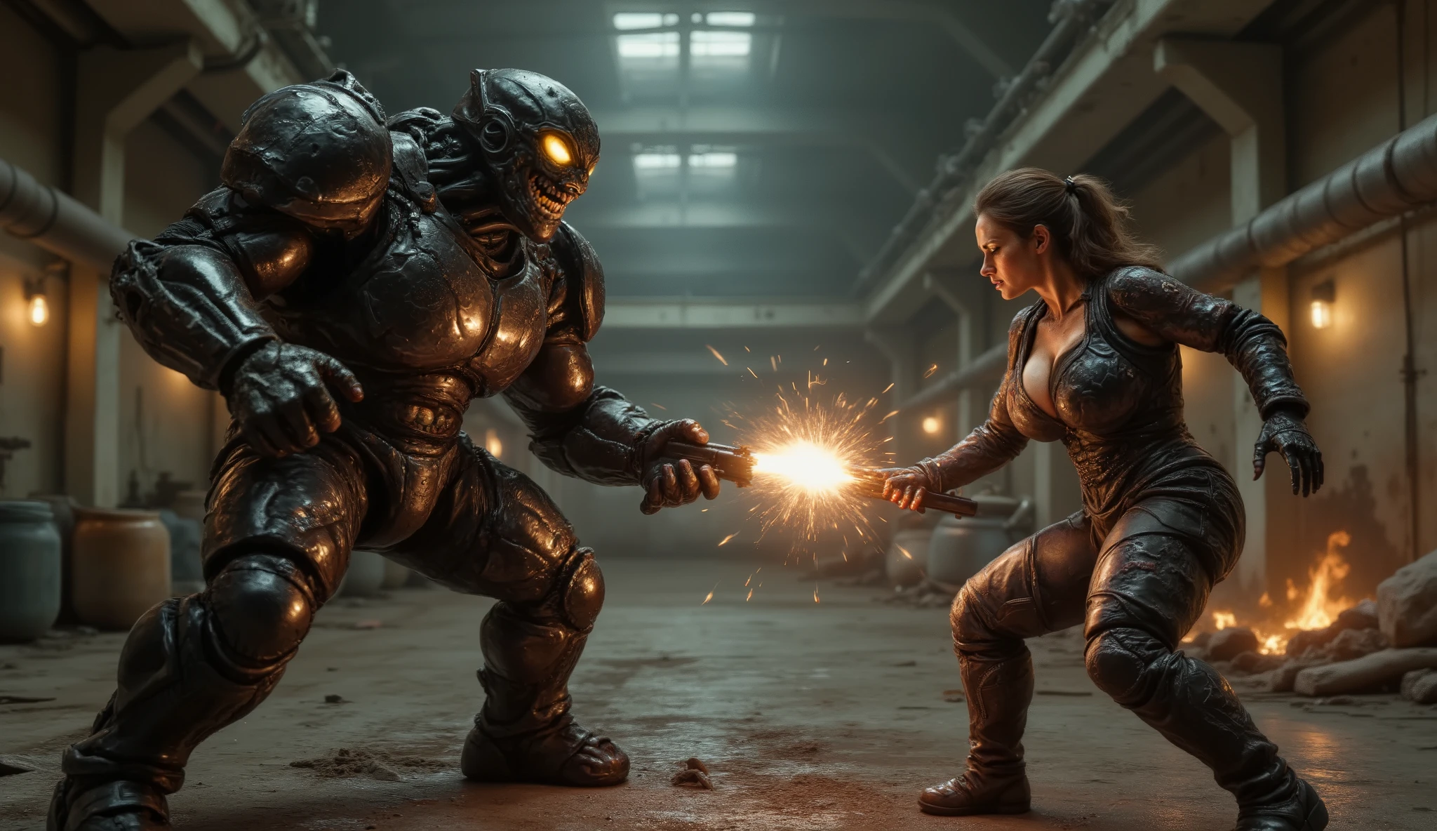 Create an epic, high-intensity fight scene where the female character faces off against the leader of the mutant army in a dark, futuristic arena. The environment is a vast, industrial area with broken metal beams, glowing vats of chemicals, and flickering neon lights. The woman is fiercely engaged in combat with the mutant leader, whose towering, grotesque form is enhanced with armor and mutated features such as glowing eyes and large, muscular limbs. The woman’s tactical suit is heavily damaged, with scorch marks and bloodstains, yet her resolve is unwavering. She strikes with precision and agility, using her glowing weapon to counter the leader’s brutal attacks. The mutant leader’s strength is immense, and he fights with savage force, his grotesque appearance making him a terrifying adversary. The lighting is harsh and dramatic, with bright flashes of energy from the combat contrasting against the dark shadows of the arena. Sparks fly as weapons clash, and the atmosphere is charged with adrenaline and fury. The visual should emphasize the sheer physicality and danger of the fight, showcasing the woman’s determination to defeat the monstrous leader and bring an end to the mutant threat.
