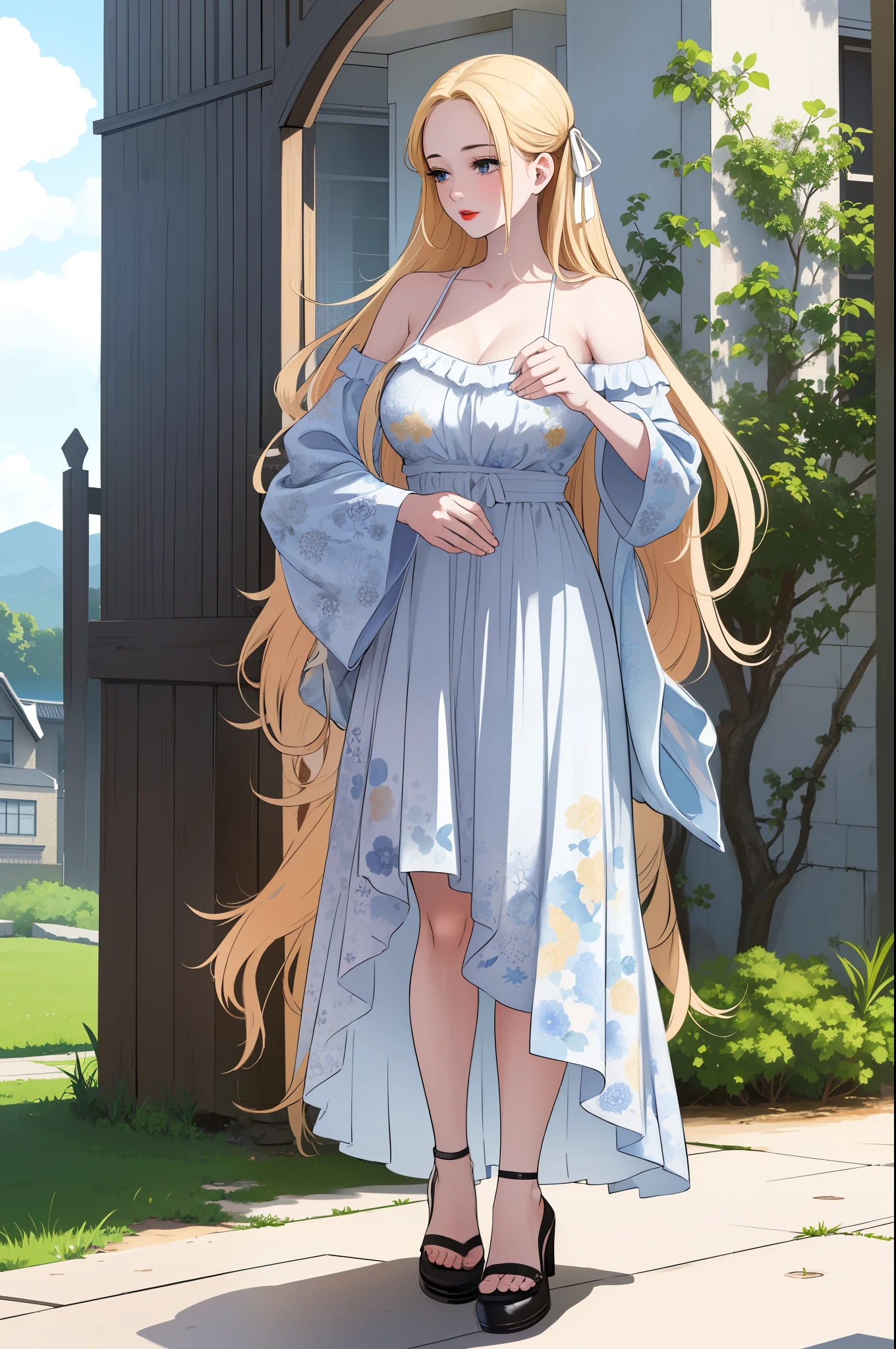 An extremely gorgeous beautiful feminine woman with long straight blonde hair tied with a white ribbon, extremely fair white skin, big blue eyes, plump red lips, a plain smile, and a plain thin slim normal body. She's wearing a long-length blue floral dress with spaghetti straps and a sweater worn in an off-shoulder style, heels, standing straight, garden background, and full body.