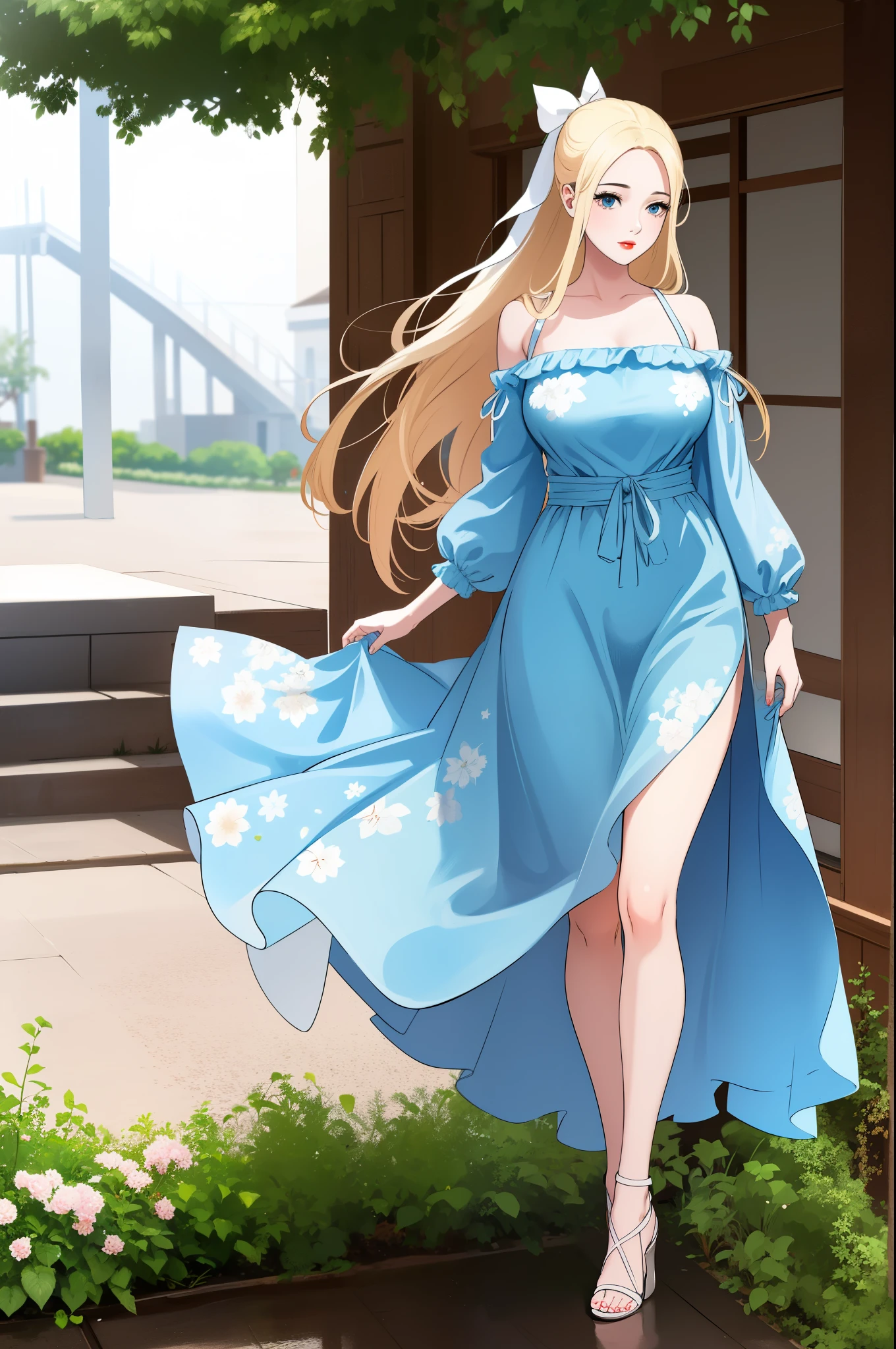 An extremely gorgeous beautiful feminine woman with long straight blonde hair tied with a white ribbon, extremely fair white skin, big blue eyes, plump red lips, a plain smile, and a plain thin slim normal body. She's wearing a long-length blue floral dress with spaghetti straps and a sweater worn in an off-shoulder style, heels, standing straight, garden background, and full body.