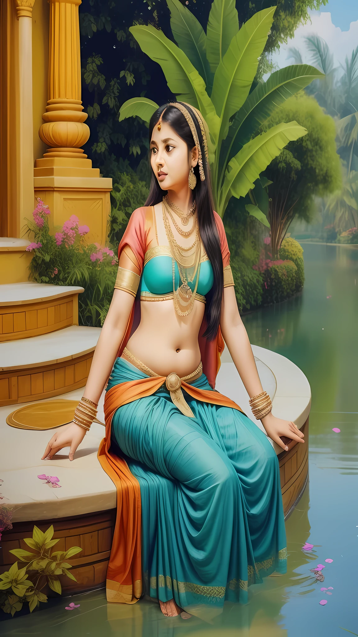 SFW, a little bit fat young healthy(armless) mother(25) with tied arms, Hight 6ft. (wearing bandeau bra and low waist dhoti), (Whole midriff exposed), belly chain, big round very deep navel), (her arms tied at back), she is mother of two ars old ren, (her son trying to poke her mother navel), (Black top hair bun), (short hairs), by Mohan manimala, the princess of beauty, as a cute princess, broken beautiful girl, (full body view), jute scandals, (Opened mouth by Sudden shock), (looking down), inspired by Mohan manimala.