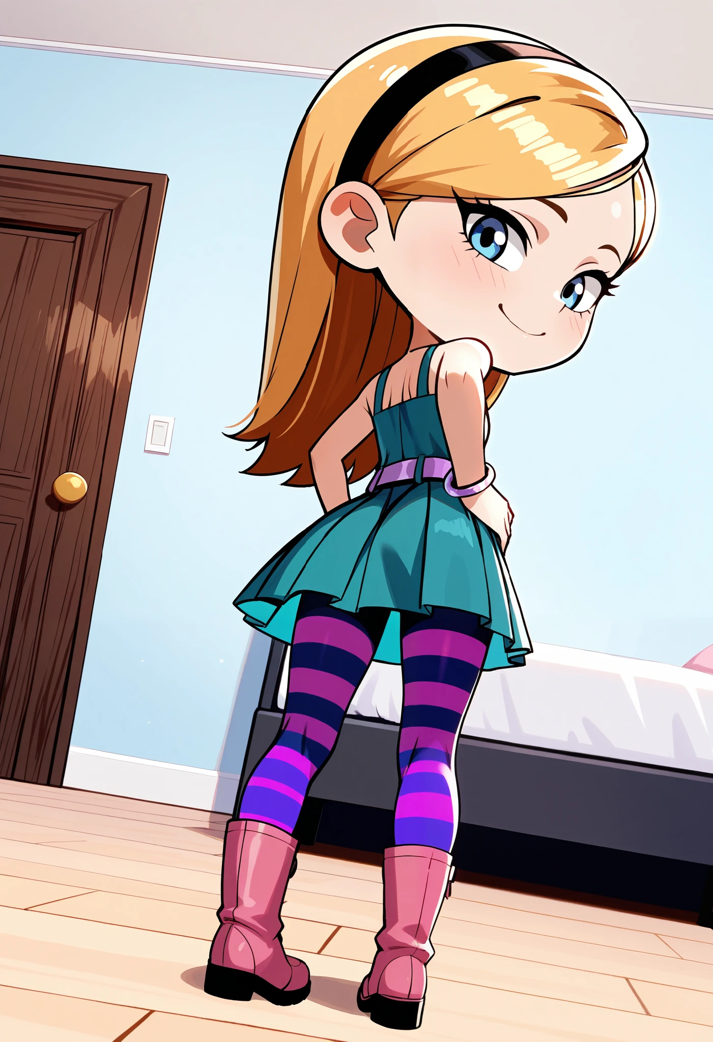 1girl, solo, penny peterson, long hair, blue eyes, 3d, blonde hair, skirt, pleated skirt, hairband, black hairband, dress, teal dress, lavender belt, blue and pink striped pantyhose, pink boots, bracelet, Hands on hips, perfect body, looking at viewer, cute giggle, smiling, light blush, smile, perky, dynamic angle, indoor, blushing, cute smile, back view, ((bedroom)), chibi