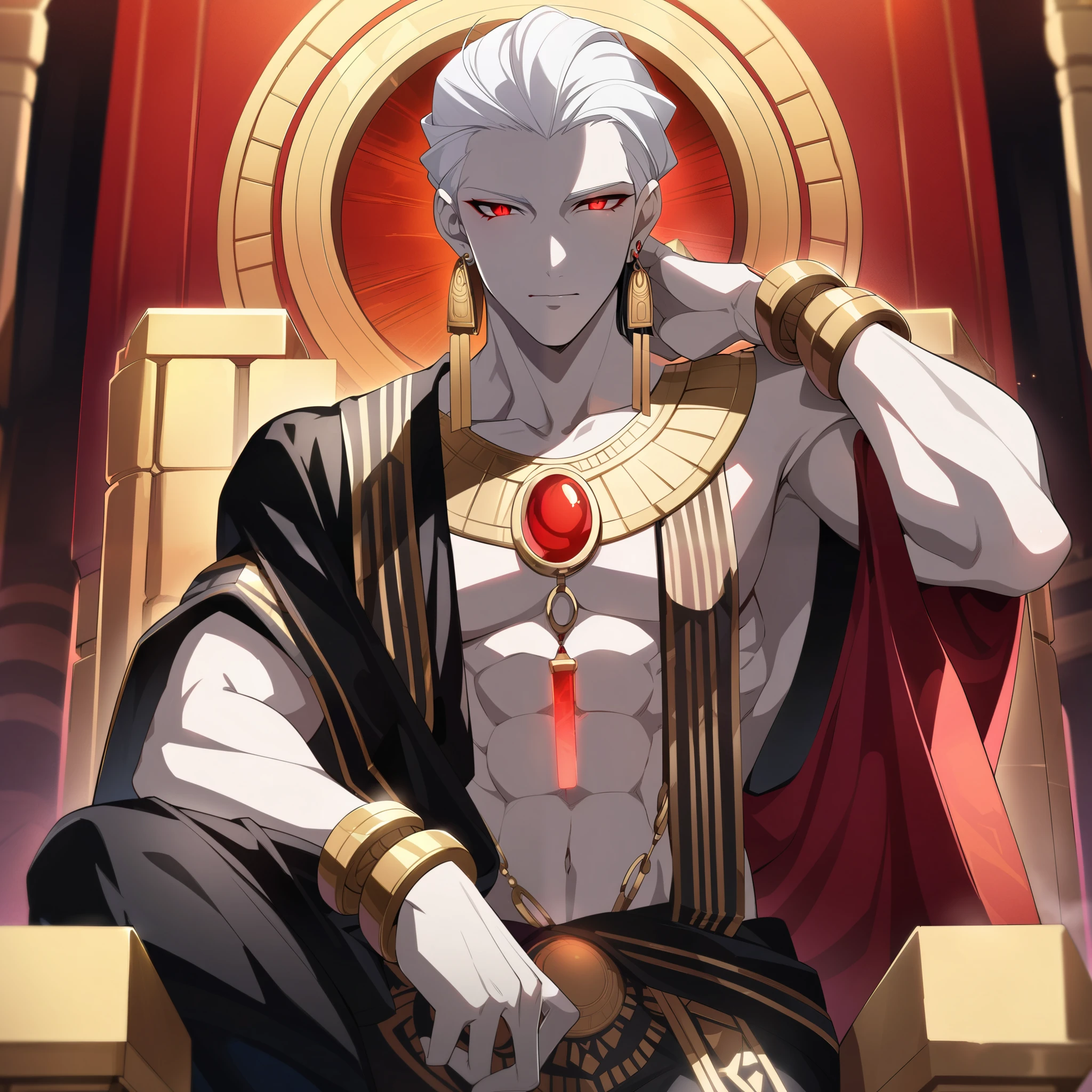(masterpiece:1.3),(最high quality:1.4),(Very detailedな:1.5),High resolution,Very detailed,8k,artwork,High level of detail,rendering,high quality,Wide range of colors,wallpaper,Dark fantasy.((One anime young man))Silver Hair,Very Short Hair,Thin silver eyebrows,Red eyes,Dark circles around the eyes,Handsome,His face is a fearless smile,An evil look,(The clothes are Greek mythology-inspired fashion.)Zeus-inspired fashion from Greek mythology,The background is a golden god々Wearing a good aura。Dynamic pose。