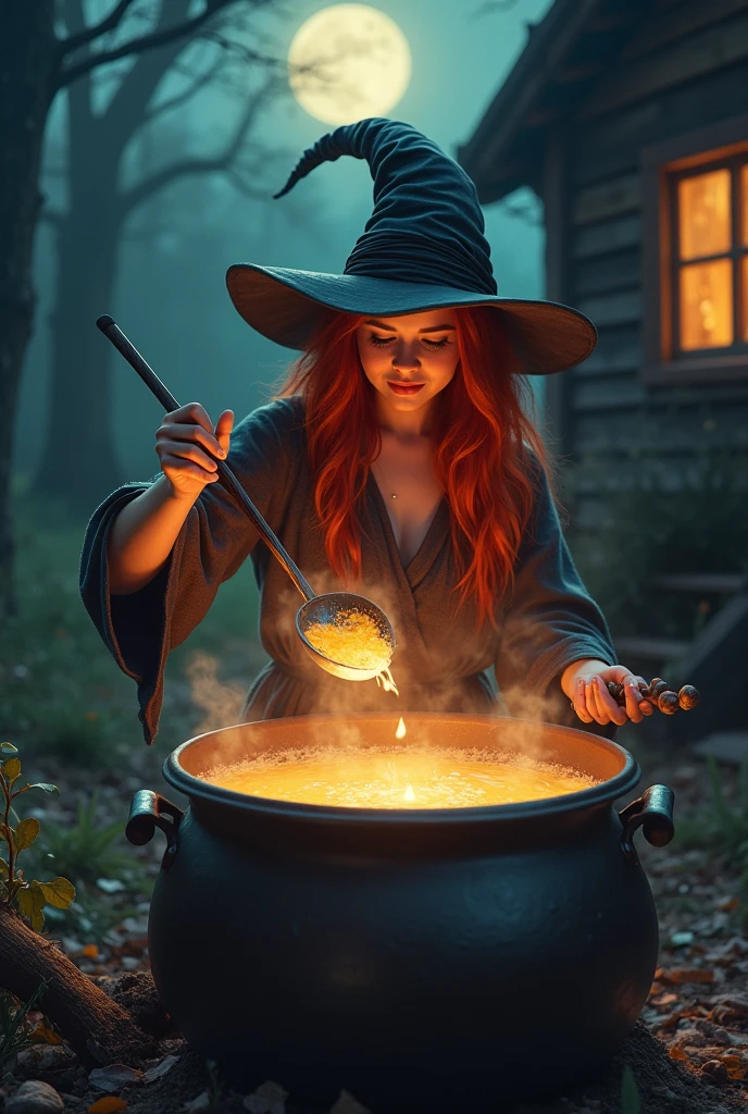 Generate an enchanting Halloween image of a witch stirring a bubbling cauldron in a moonlit forest. Surround her with mystical ingredients and glowing runes.