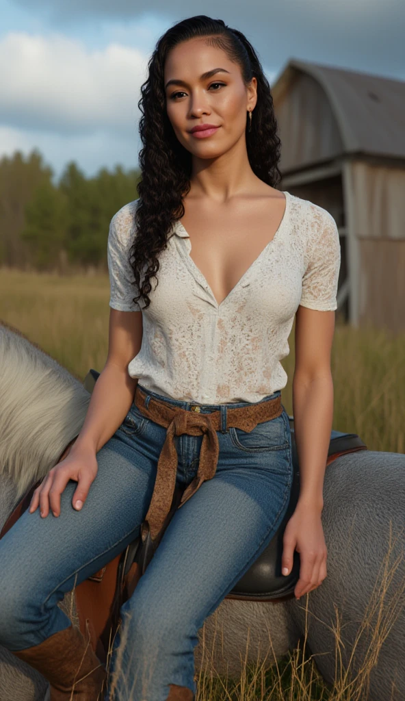 1 woman native American, light dark skin, glasses, walking in the farm, full body photo, masterpiece, real photo, hight resolution, best quality, (photorealistic), full body, (white lady shirt open collar) and (blue skinny jeans), wearing cowboy boots, in  the farm, sunny day, morning light, beautiful woman, skinny, large big breasts, black long hair, detailed face, smile, sexy, facing the camera, photo taken from a distance, age of 45 years old