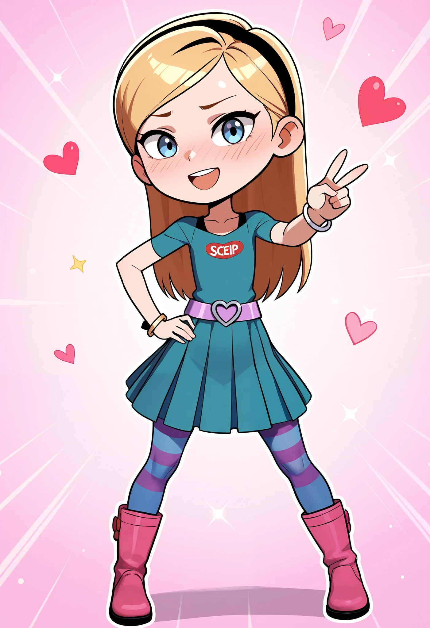 1girl, solo, penny peterson, long hair, blue eyes, 3d, blonde hair, skirt, pleated skirt, hairband, black hairband, dress, teal dress, lavender belt, blue and pink striped pantyhose, pink boots, bracelet, beautiful, blushing, cute girl, open mouth, cute smile, joyful expression, excited, happy, looking at viewer, peace sign, one hand on hip, spread legs, pink background, hearts, sparkles, chibi