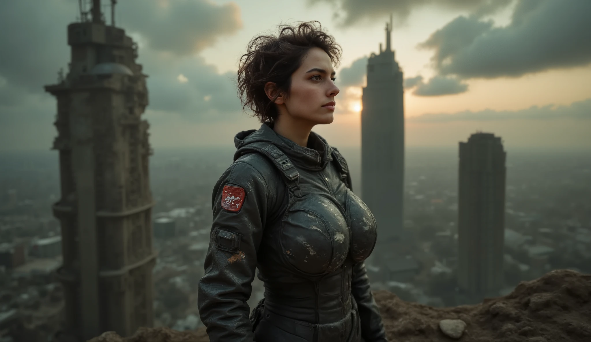 Create a powerful, introspective scene where the female character stands on the edge of a desolate, futuristic cityscape, looking out toward her uncertain future. The environment is dark and dystopian, with towering ruined skyscrapers, swirling clouds overhead, and the distant sounds of chaos echoing in the background. The woman’s tactical suit is heavily worn and bloodied from her long journey, her short, messy hair blowing in the wind as she stares into the distance, contemplating her next move. Her face is a mixture of exhaustion and resolve, her eyes filled with both uncertainty and determination as she faces the immense responsibility of the choice ahead. The lighting is dramatic, with the fading light of a setting sun casting long shadows across her figure, emphasizing her isolation and the weight of her destiny. The atmosphere is heavy, with a sense of finality as she stands alone, embodying the themes of sacrifice, fate, and the burden of leadership. The visual should capture the emotional depth of the moment, with the woman at the crossroads of her journey, ready to face whatever comes next.
