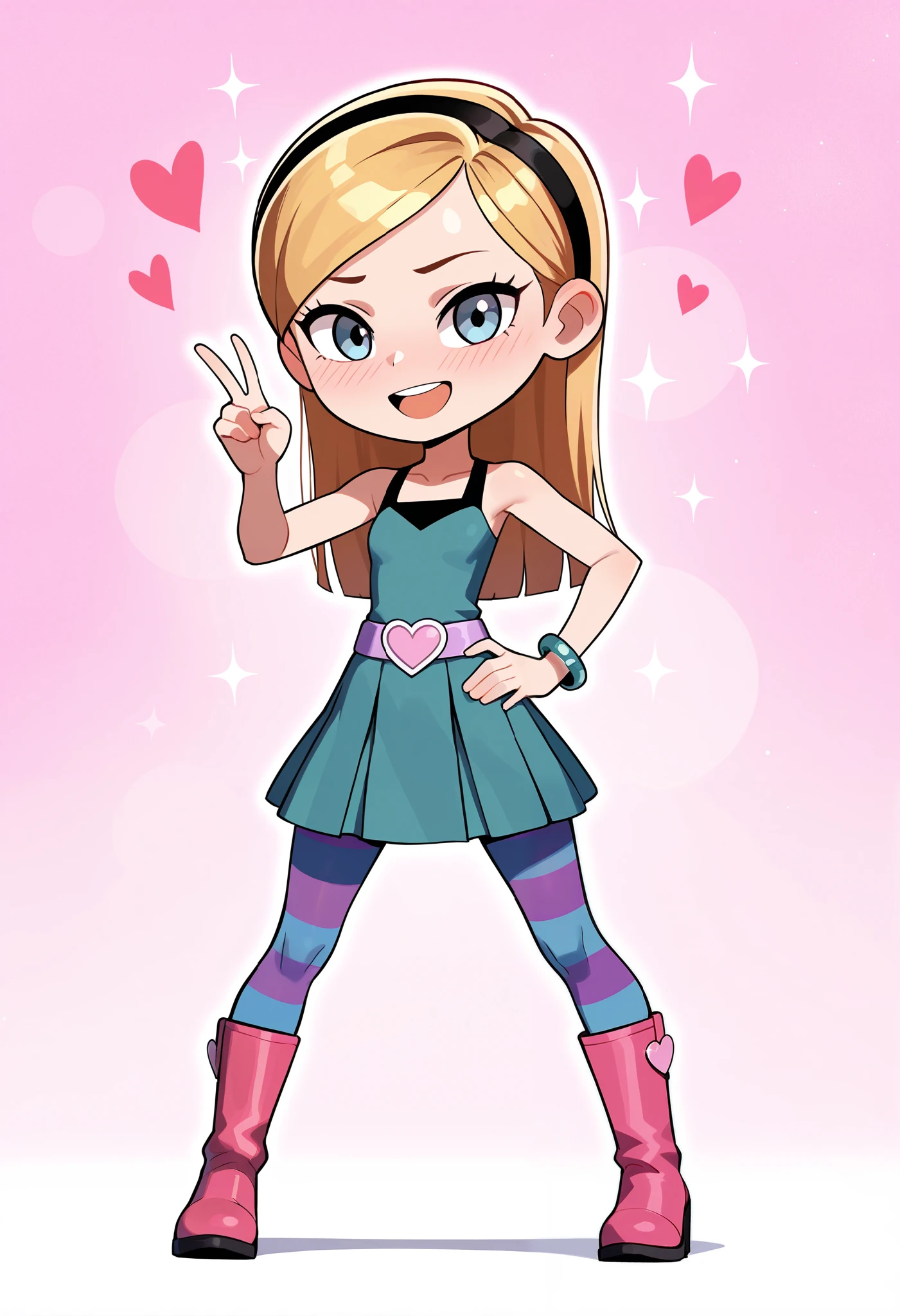1girl, solo, penny peterson, long hair, blue eyes, 3d, blonde hair, skirt, pleated skirt, hairband, black hairband, dress, teal dress, lavender belt, blue and pink striped pantyhose, pink boots, bracelet, beautiful, blushing, cute girl, open mouth, cute smile, joyful expression, excited, happy, looking at viewer, peace sign, one hand on hip, spread legs, pink background, hearts, sparkles, chibi