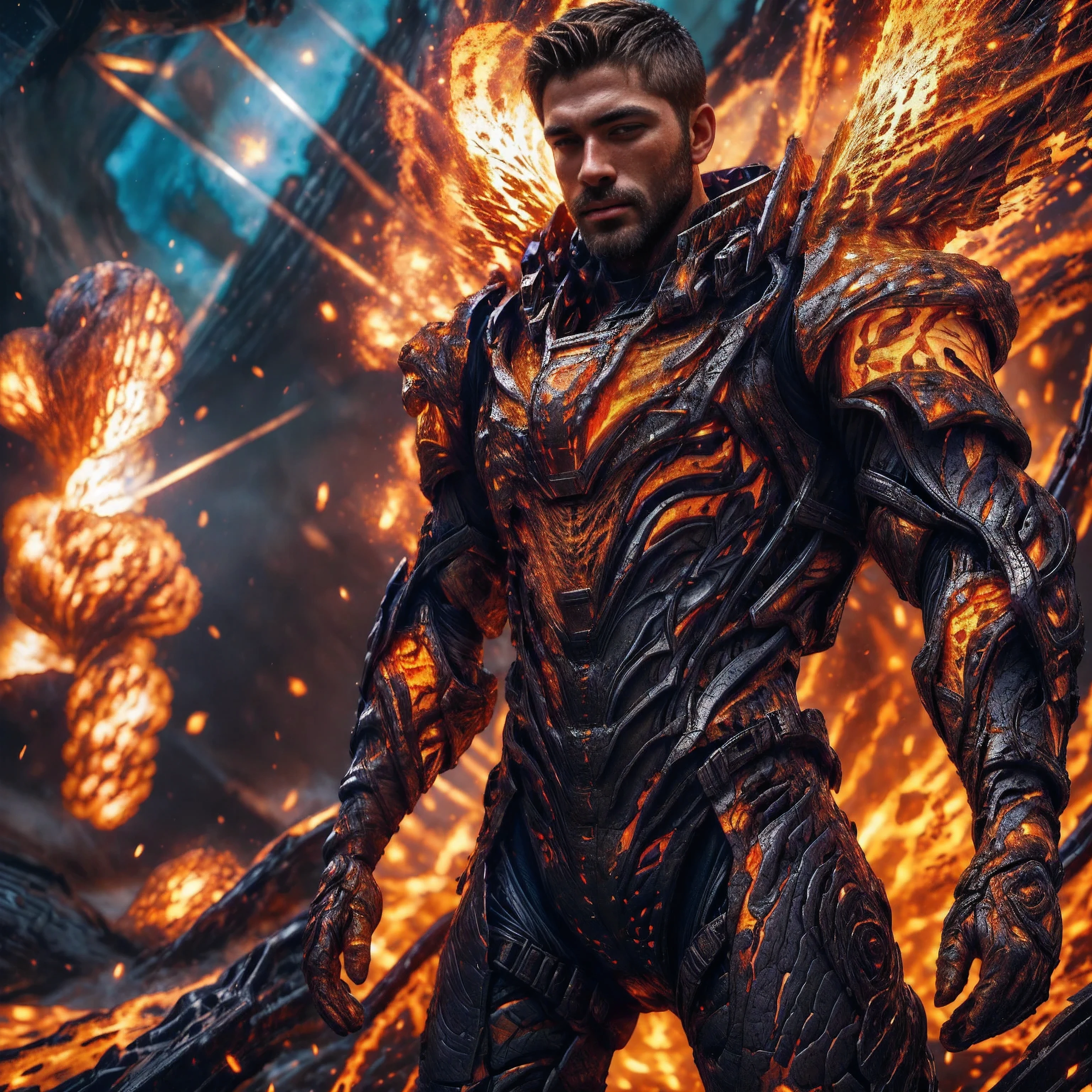 (One single handsome Spanish man, with a short beard ), emb3r4rmor, wearing embers exosuit, burning, glowing, dynamic pose, fighting stance, (fantasy city background), realistic, masterpiece, intricate details, detailed background, depth of field, photo of a handsome man,