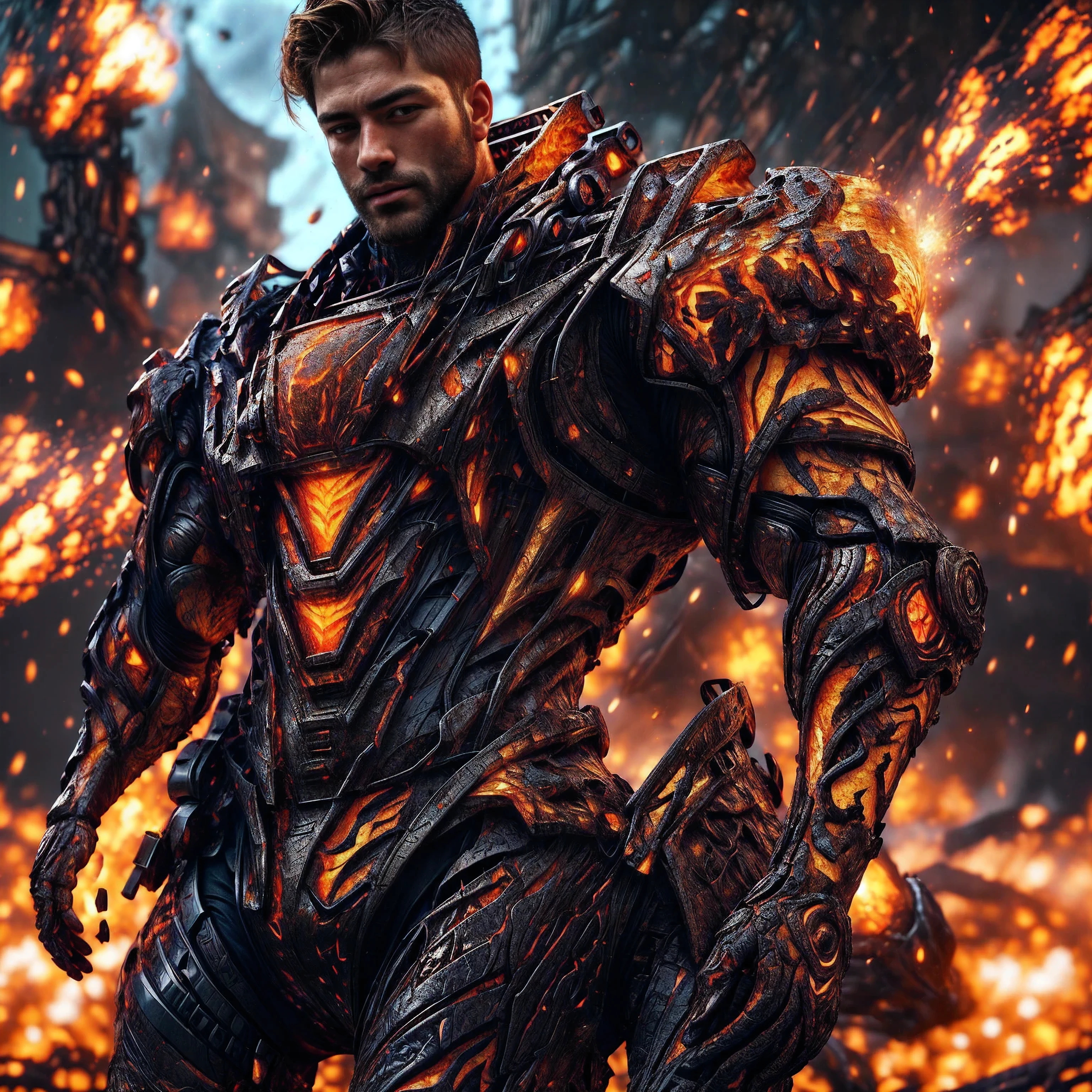 (One single handsome Spanish man, with a short beard ), emb3r4rmor, wearing embers exosuit, burning, glowing, dynamic pose, fighting stance, (fantasy city background), realistic, masterpiece, intricate details, detailed background, depth of field, photo of a handsome man,