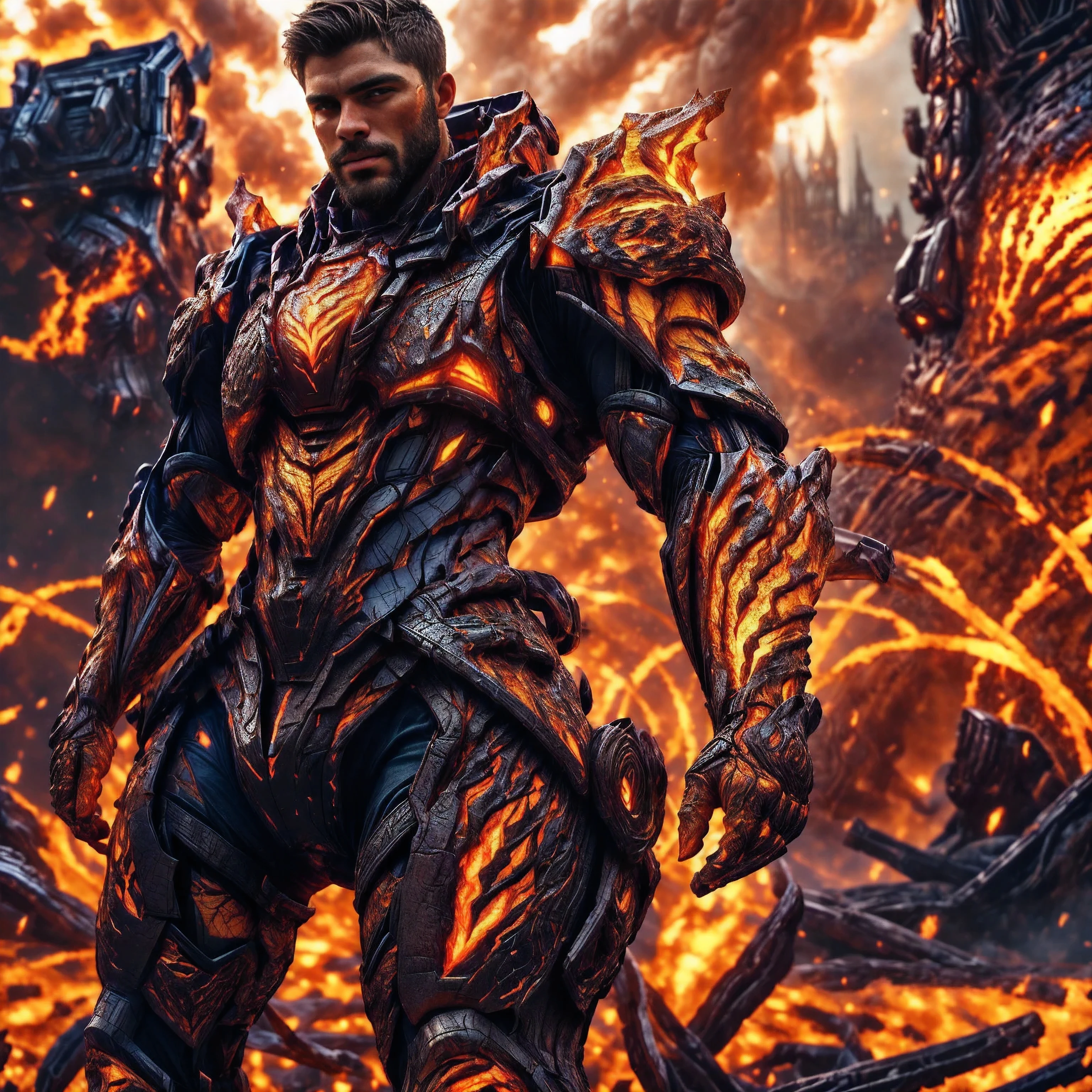 (One single handsome Spanish man, with a short beard ), emb3r4rmor, wearing ember exosuit, burning, glowing, dynamic pose, fighting stance, (fantasy city background), realistic, masterpiece, intricate details, detailed background, depth of field, photo of a handsome man,