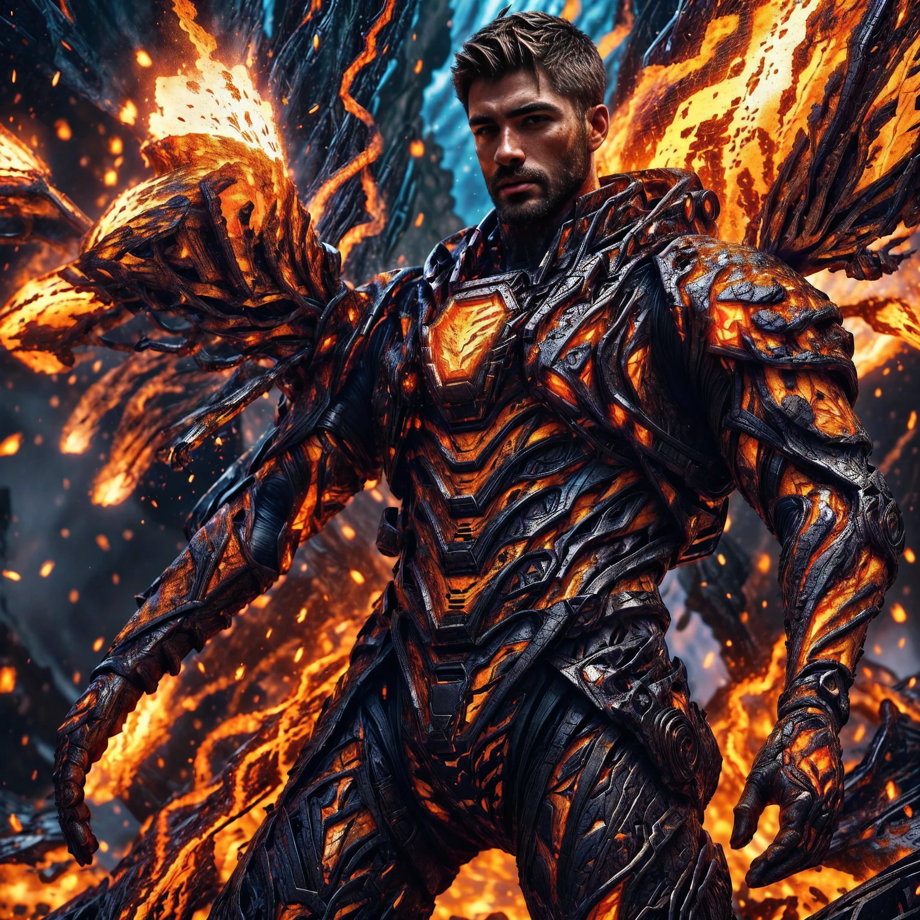(One single handsome Spanish man, with a short beard ), emb3r4rmor, wearing embers exosuit, burning, glowing, dynamic pose, fighting stance, (fantasy city background), realistic, masterpiece, intricate details, detailed background, depth of field, photo of a handsome man,