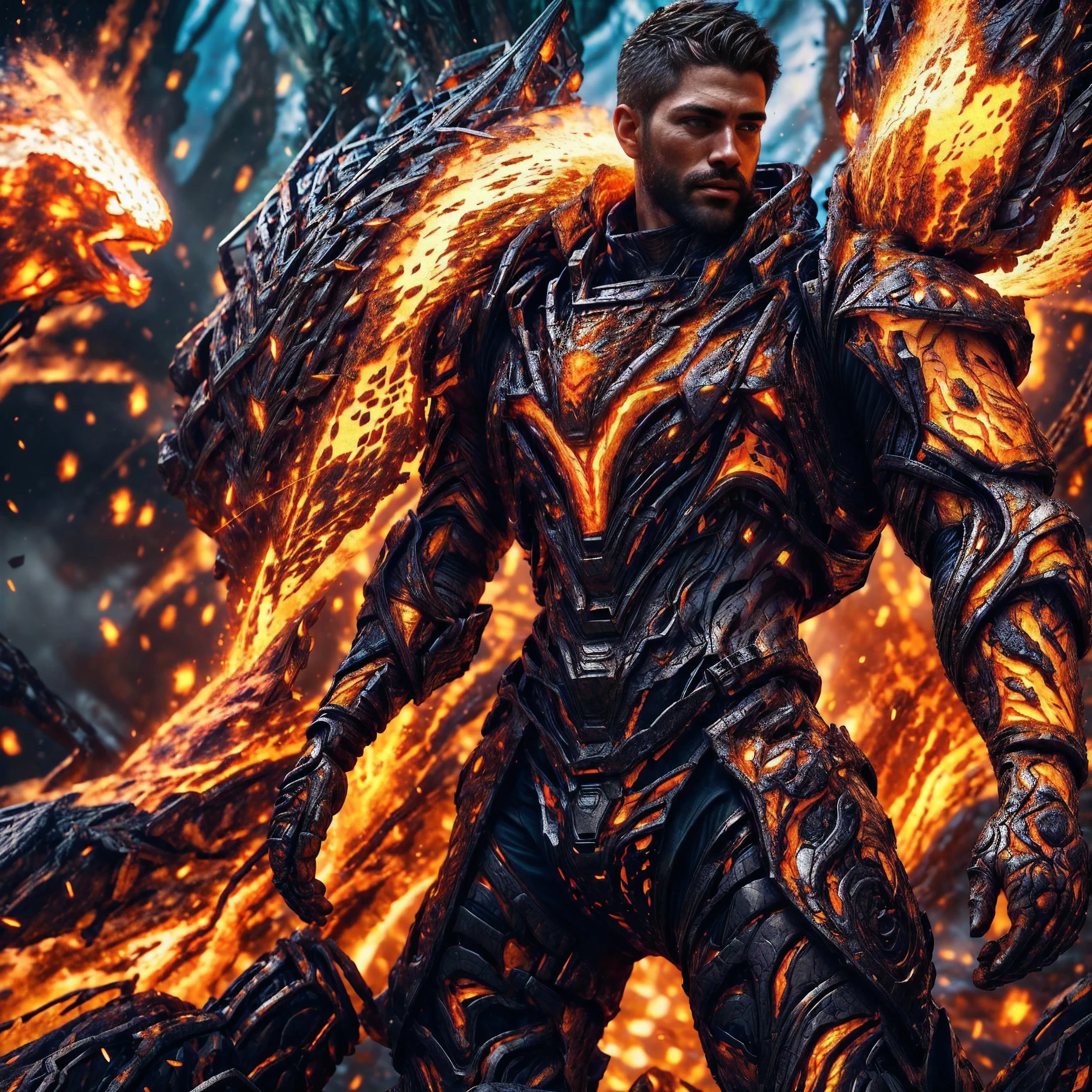 (One single handsome Spanish man, with a short beard ), emb3r4rmor, wearing embers exosuit, burning, glowing, dynamic pose, fighting stance, (fantasy city background), realistic, masterpiece, intricate details, detailed background, depth of field, photo of a handsome man,