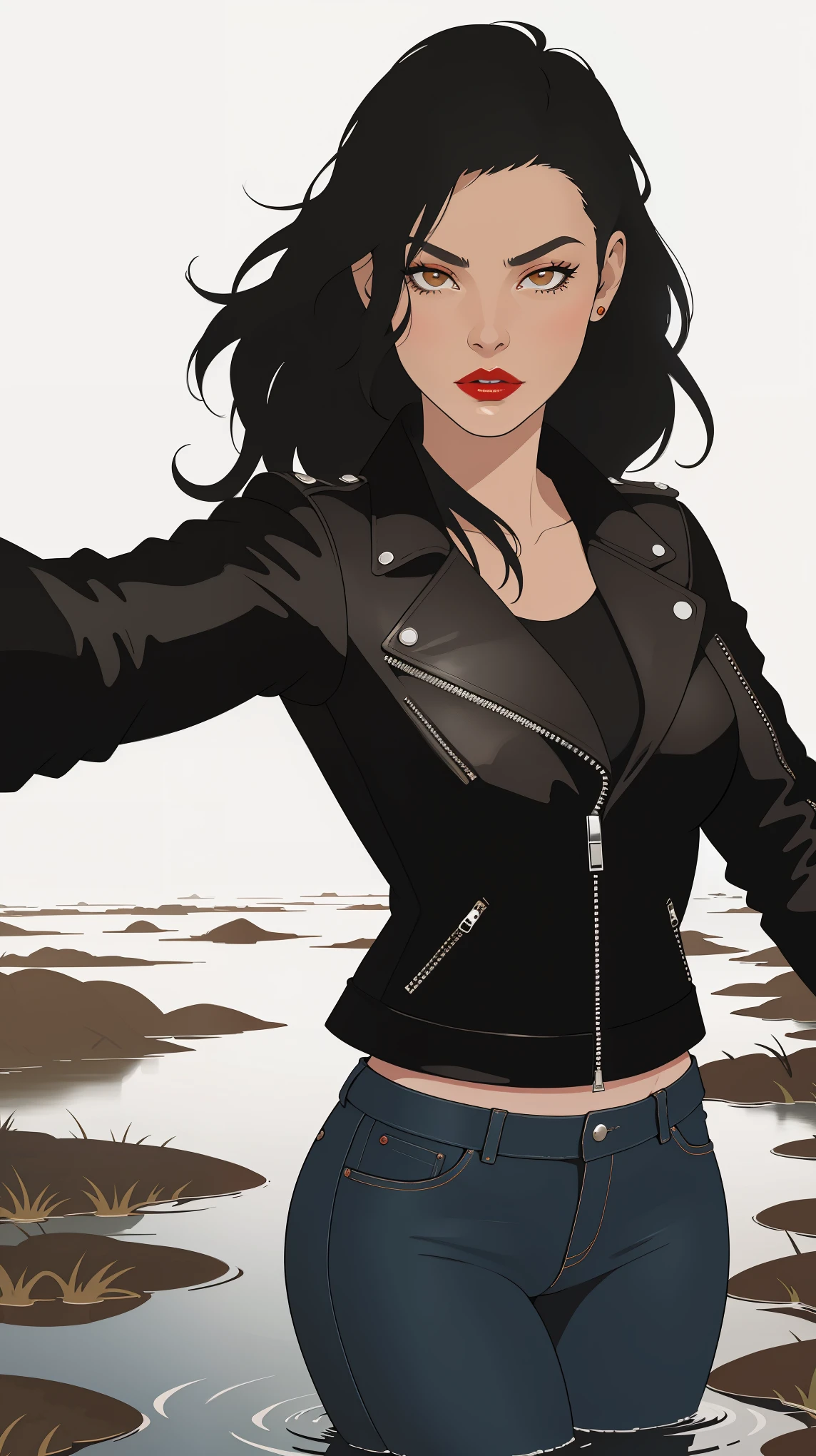 Cheyenne women , simple vector article , leather jacket, flared jeans, drown in a small swamp , artistic composition, red lips, white background, selfie