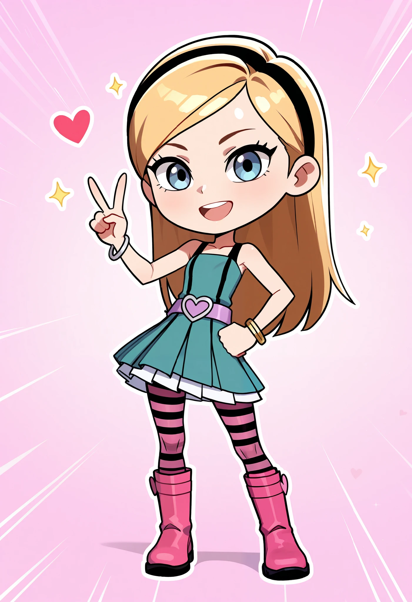 1girl, solo, penny peterson, long hair, blue eyes, 3d, blonde hair, skirt, pleated skirt, hairband, black hairband, dress, teal dress, white trimmings under her skirt, lavender belt, blue and pink striped pantyhose, pink boots, bracelet, beautiful, cute girl, open mouth, cute smile, joyful expression, excited, happy, looking at viewer, peace sign, one hand on hip, spread legs, pink background, hearts, sparkles, chibi