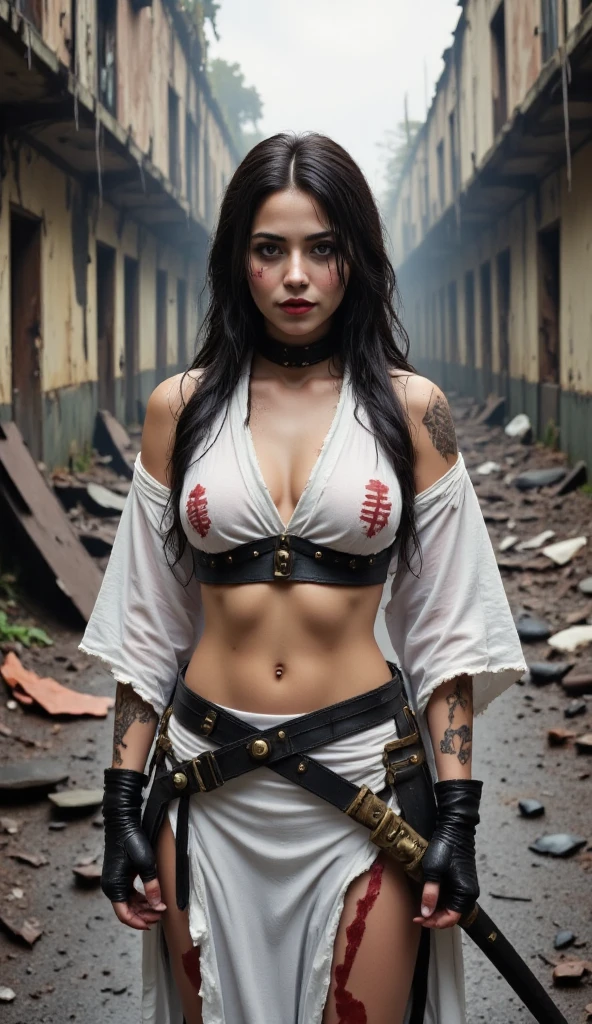 photorealistic, dynamic pose, portrait, high details, 1girl, innocent, delicate face, tan skin, skinny body, ((tribal tattoo):1.4), (headband):1.2, (long white hair):1.2, ((modern kimono, huge rope belt, (torn red linen short shorts with open sides), (linen thigh highs)):1.2), panty visible, (small waist):1.3, ((wide thigh gap):1.3, (wide thighs):1.2), masterpiece