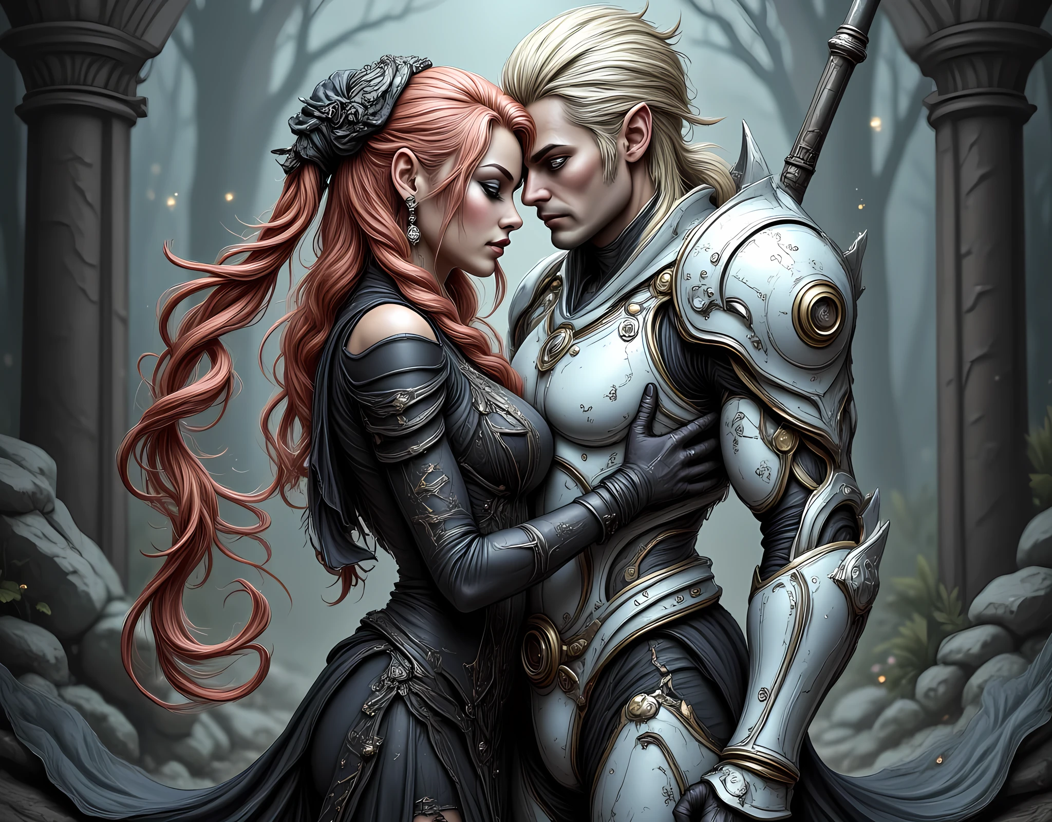 fantasy art, a picture of a fantasy female elf wizard, wearing black dress, holding glowing magical staff, blond hair, hugging a male elf mecha man, wearing white, red hair, mech armor, hyp3rd3tail style