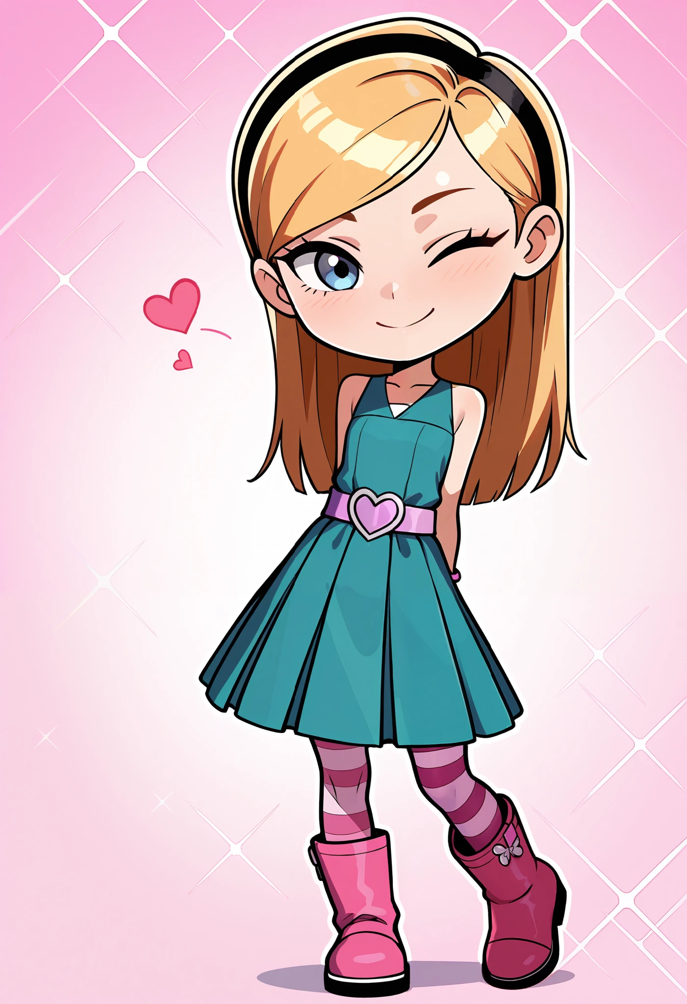 1girl, solo, penny peterson, long hair, blue eyes, 3d, blonde hair, skirt, pleated skirt, hairband, black hairband, dress, teal dress, white trimmings under her skirt, lavender belt, blue and pink striped pantyhose, pink boots, pink bracelet, beautiful, cute girl, closed mouth, cute smile, one eye closed, arms behind back, happy, looking at viewer, pink background, hearts, sparkles, chibi