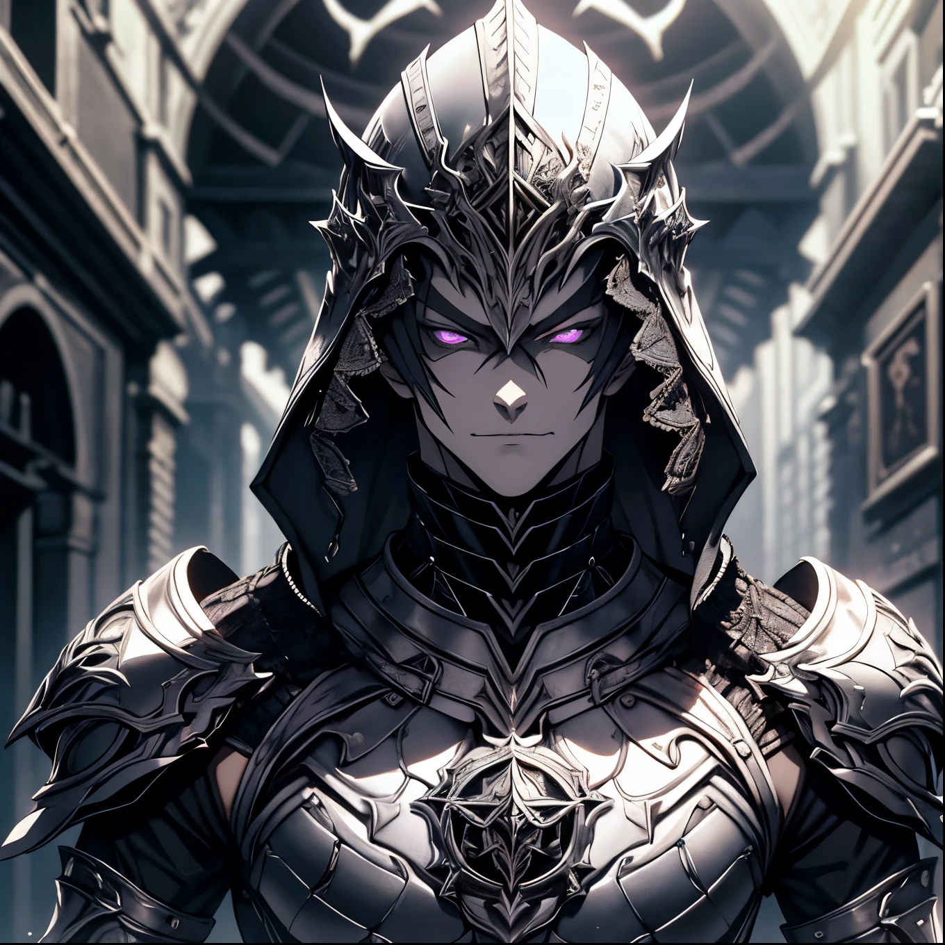 A grown man alone. male. age 27 years. high. height 1,75. thin. short white hair. short hair. Armadura leve de luta cor Black, Black, armadura na cor Black, with . haughty look. bright purple eyes . detailed eyes. gloomy countenance, psychopathic smile. dynamic pose .