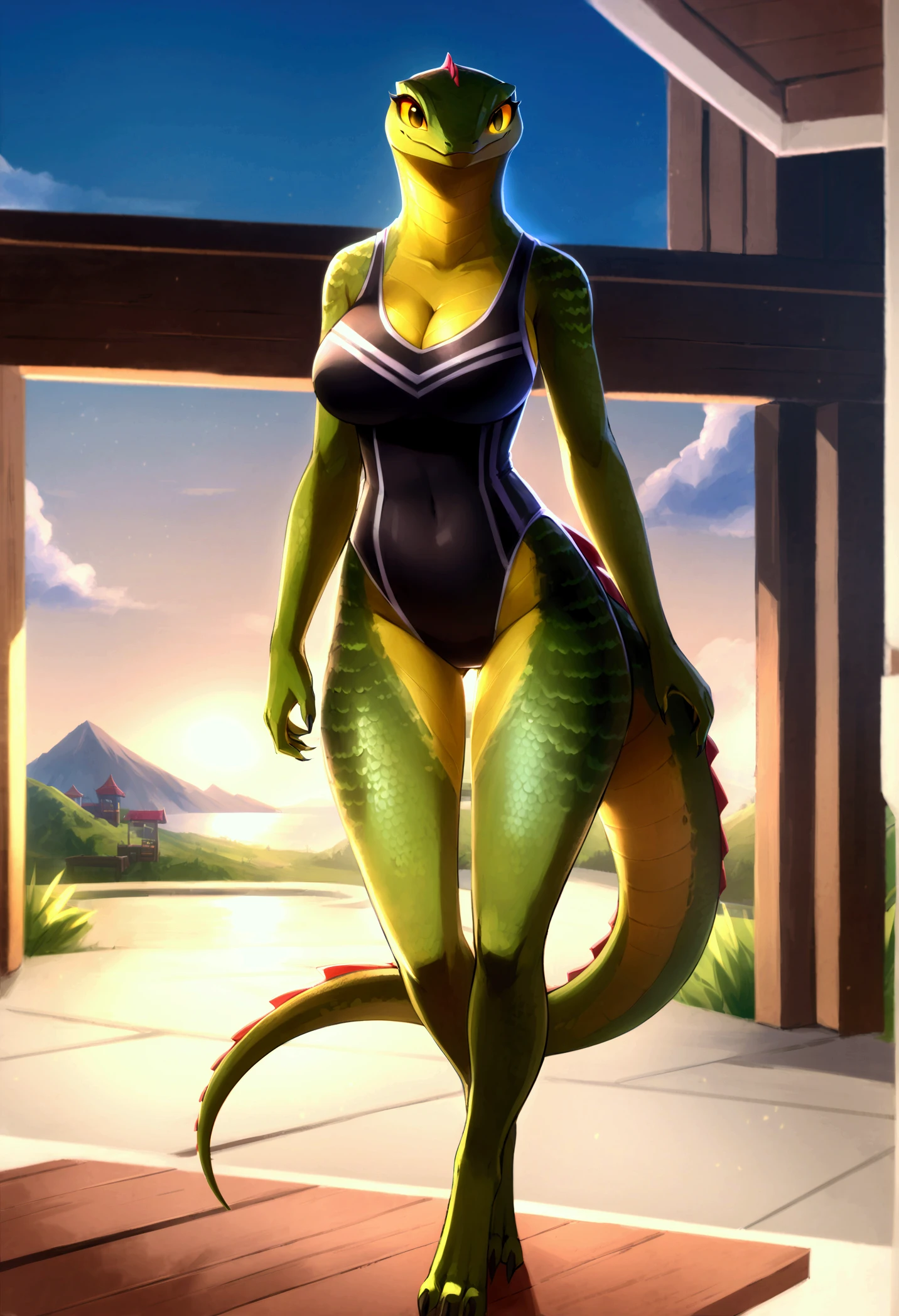 4k highly detailed realistic digital extremely high quality drawing, masterpiece, (uploaded on e621), (a three-quarters portrait of a black dragon MILF with green eyes), (wearing a golden bikini), (beautiful and detailed eyes: 1.1), anthro dragon, full body scales, seductive, sexy, MILF, voluptuous, curvy body, posing on a chaise lounge, cinematic lighting, (f1.8 short focus bokeh)