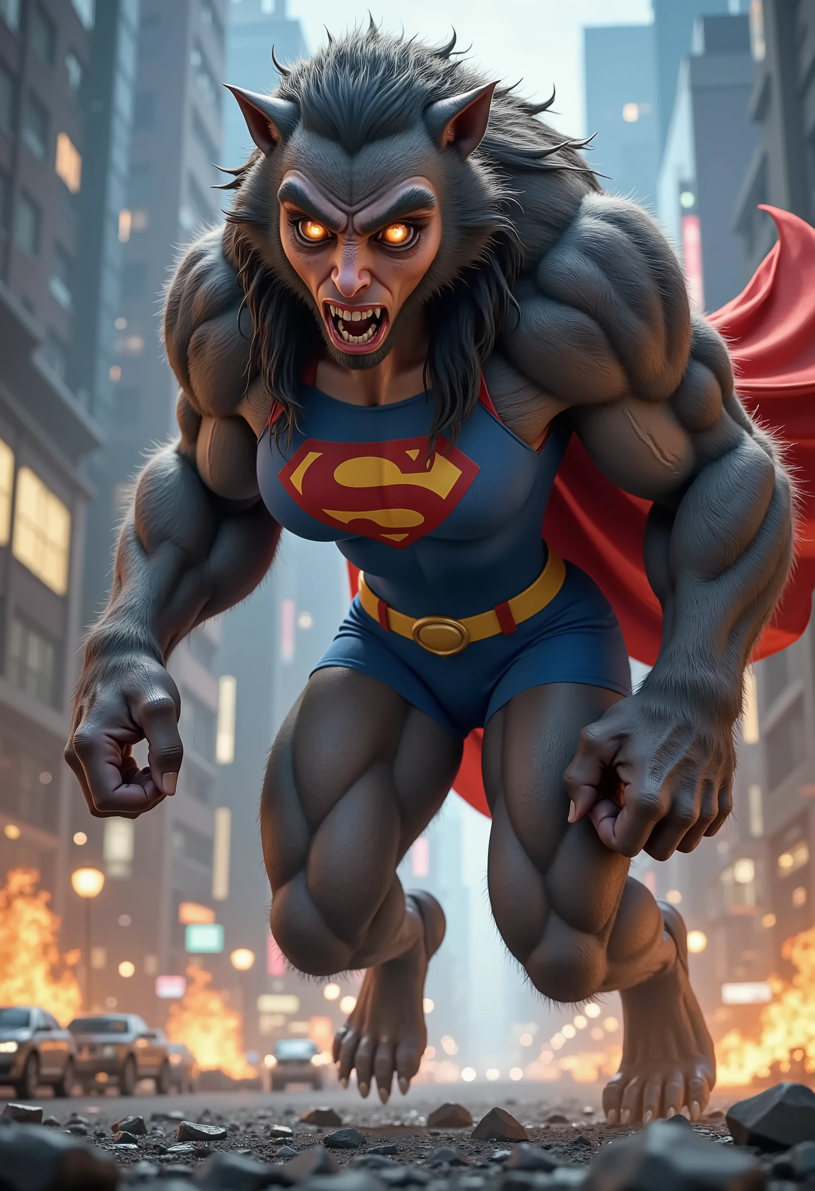 3D CARTOON STYLE. AS THE CURSE OF THE WERERWOLF TAKES EFFECT ON SUPERGIRL. HER BODY MORPHING, BONES SNAPPING AS HER FIGURE MUTATES. CHARGES UP WITH INCREDIBLE POWER AS SUPERGIRL TRANSFORMS INTO A WEREWOLF. HER SKIN BECOMING FURRY, HER EYES TURN INTO WEREWOLF EYES AND TEETH BECOME WEREWOLF FANGS. STILL WEARING HER SUPERGIRL COSTUME AND CAPE.