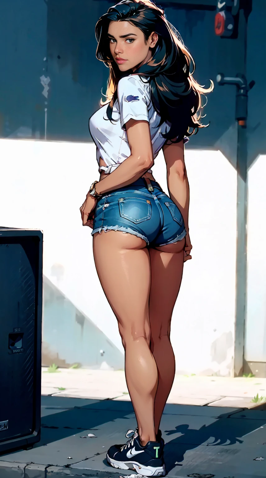 beautiful, (masterpiece:1.2), (best quality:1.2), perfect eyes, perfect face, perfect lighting, 1girl, ass, back, backboob, baseball cap, black panties, breasts, brown hair, crop top, cutoffs, denim, denim shorts, facing away, from behind, hat, highleg, highleg panties, long hair, median furrow, large breasts, micro shorts, panties, ponytail, short shorts, shorts, sideboob, simple background, solo, tank top, thighs, thong, underboob, underwear, field, grass, walkway, huge ass, wide hips, arms at side