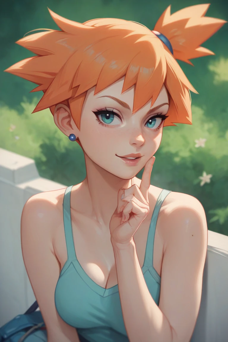 Misty de Pokémon, sexy girl, small, half naked, classic costume, dressed, short de mezclilla azul, top yellow, tirantes, YOUNG, skynny body, small and beautiful buttocks, toned abdomen, small and beautiful breasts, tiene una PokeBall en su mano, pose sexy y obscena, tierna, obscene, sensual, ella esta en el bosqie, el cielo esta resplandeciente e ilumina su belleza, Charizard in the background, sensual look, beautiful eyes, classic hairstyle, peinads con una coleta,Hair dyed in bright Orange color, best quality,4k,8k,A high resolution,masterpiece,ultra detailed,Realistic, Photorealistic,photo realistic