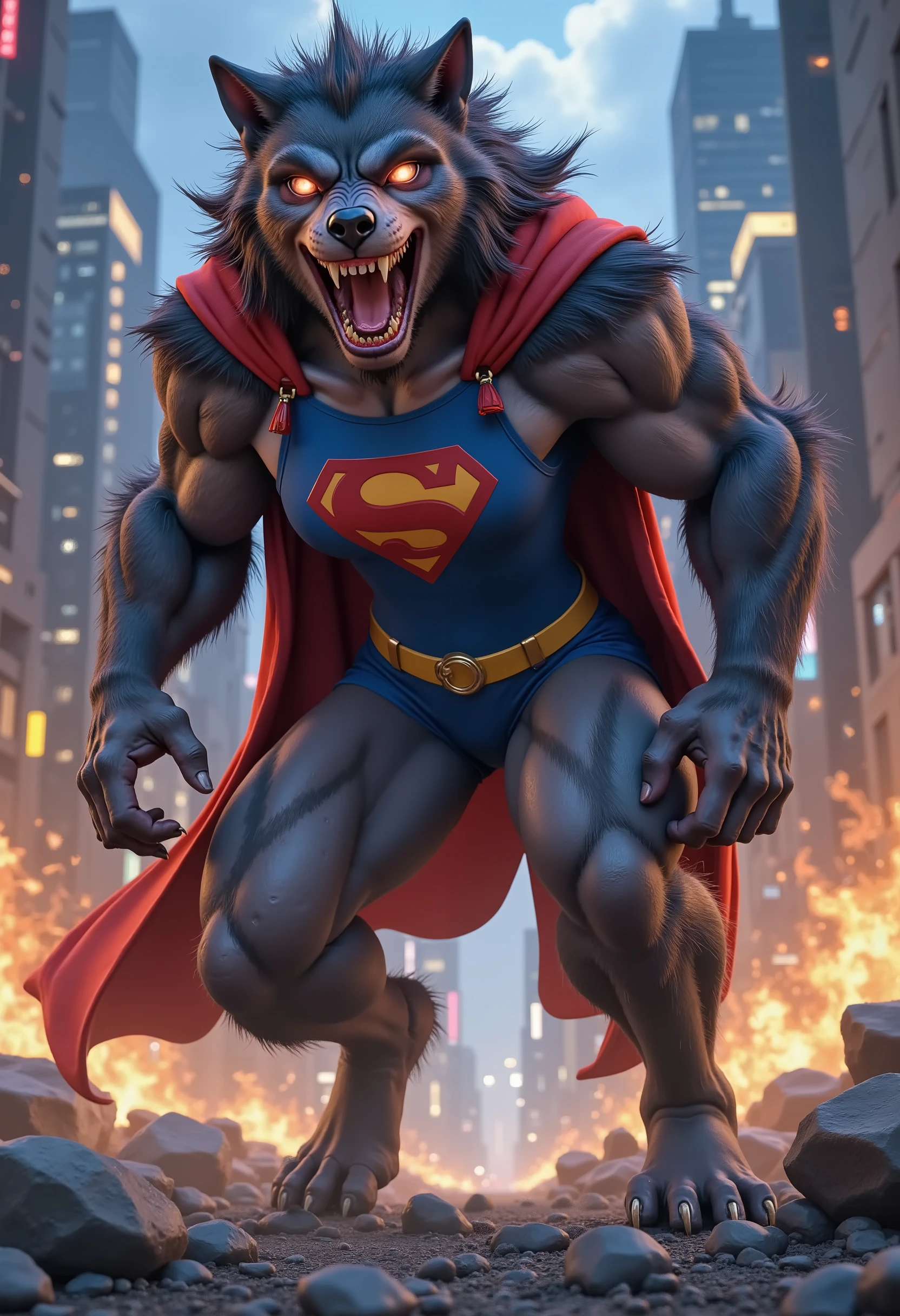 3D CARTOON STYLE. AS THE CURSE OF THE WERERWOLF TAKES EFFECT ON SUPERGIRL. HER BODY MORPHING, BONES SNAPPING AS HER FIGURE MUTATES. CHARGES UP WITH INCREDIBLE POWER AS SUPERGIRL TRANSFORMS INTO A WEREWOLF. HER SKIN BECOMING FURRY, HER EYES TURN INTO WEREWOLF EYES AND TEETH BECOME WEREWOLF FANGS. STILL WEARING HER SUPERGIRL COSTUME AND CAPE.