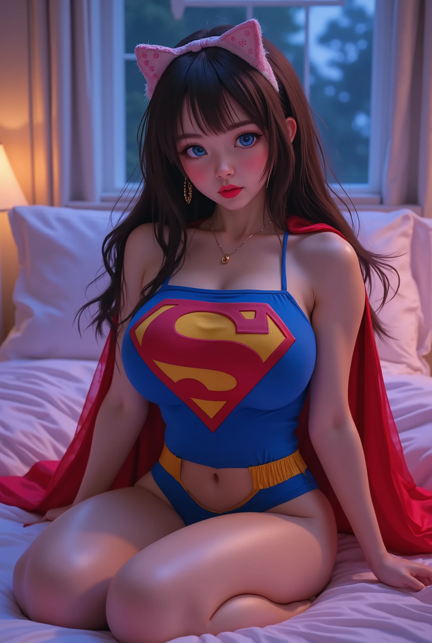 A SPICEY BEDROOM SCENE WHERE A SEXY BLUE EYED ASIAN ANIME 3D CARTOON GIRL IS WEARING A SUPERGIRL COSTUME AND CAPE IS CAUGHT IN THE ACT OF MASTURBATING WHILE WEARING A AUTHENTIC SUPERGIRL COSTUME AND CAPE, LARGE "S" EMBLEM ON HER COSTUME. CRAVING SEX, BEGGING. ANIME BODY AND SKIN