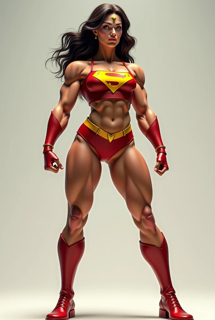 full body toe to head, masterpiece, 1soloMILF BIMBO standing pose long cape, strong body, abs, shiny skin (Masterpiece, Ultra Quality, plain background:1.2)