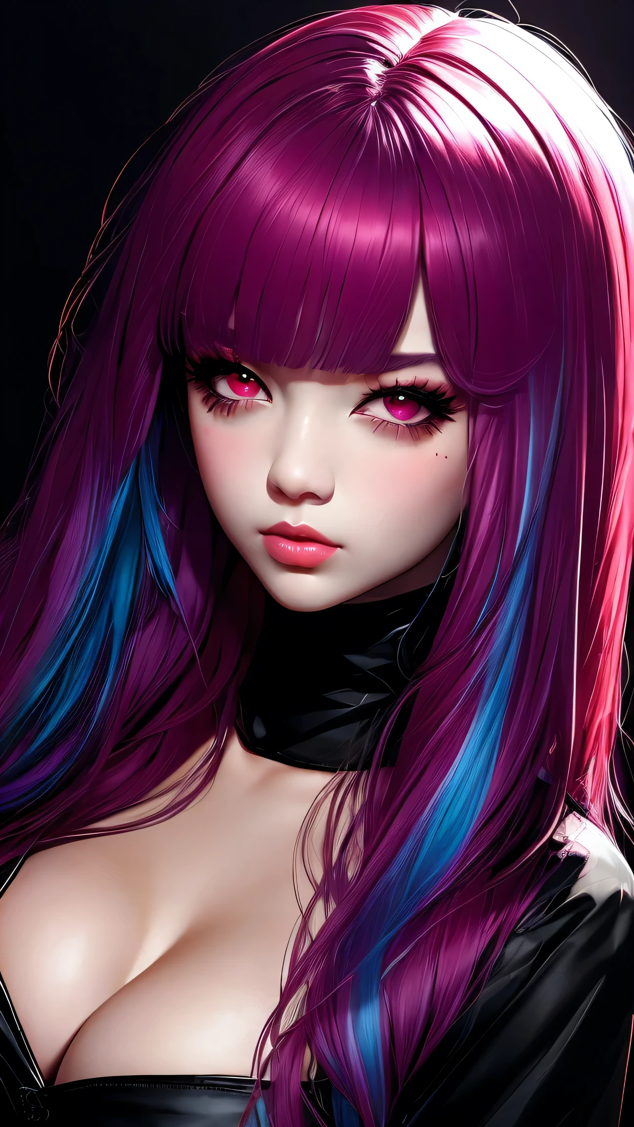 asian high school girl, plunging neckline, rainbow hair, bangs, with colorful eyes and huge eyelashes, huge breasts, cleavage, edgy graphic design with a multi neon colored palette, big black eyes, ulzzang, (anime), manga, sexy, irridescent rainbow Latex, 8ｋ,Highest quality,masterpiece, Sharp focus, solid black background, soft lighting, heavy blushing, 
