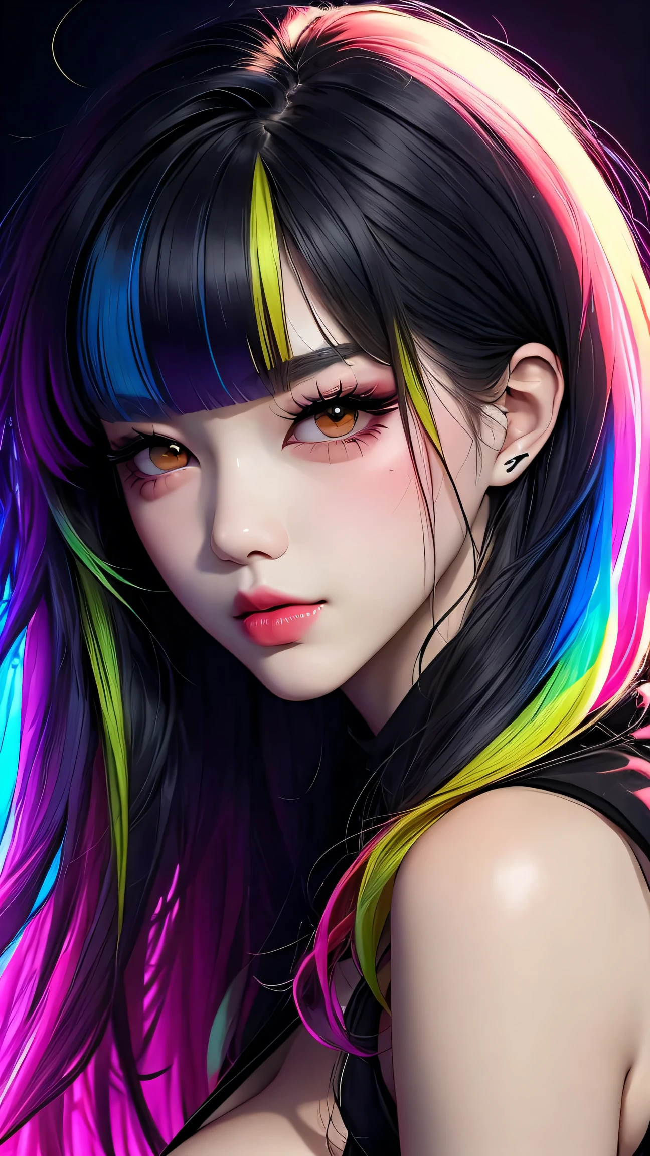 asian high school girl, plunging neckline, rainbow hair, bangs, with colorful eyes and huge eyelashes, huge breasts, cleavage, edgy graphic design with a multi neon colored palette, big black eyes, ulzzang, (anime), manga, sexy, irridescent rainbow Latex, 8ｋ,Highest quality,masterpiece, Sharp focus, solid black background, soft lighting, heavy blushing, 
